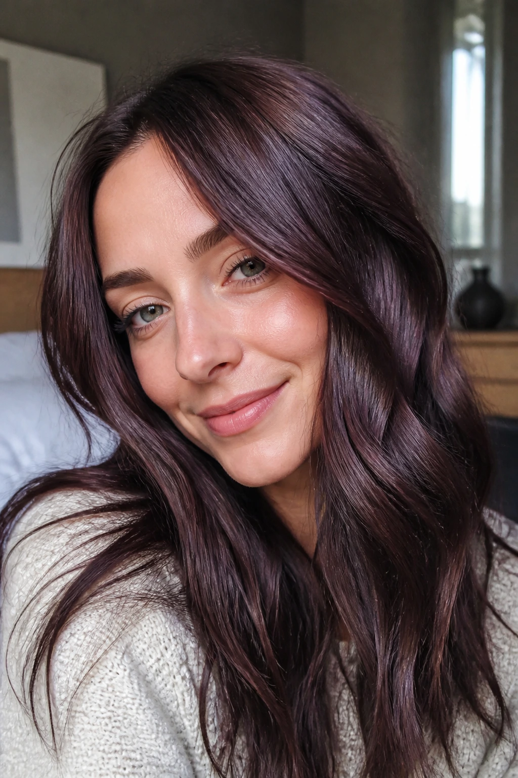 Close-up of a real person with cool chestnut hair and blue-violet shine