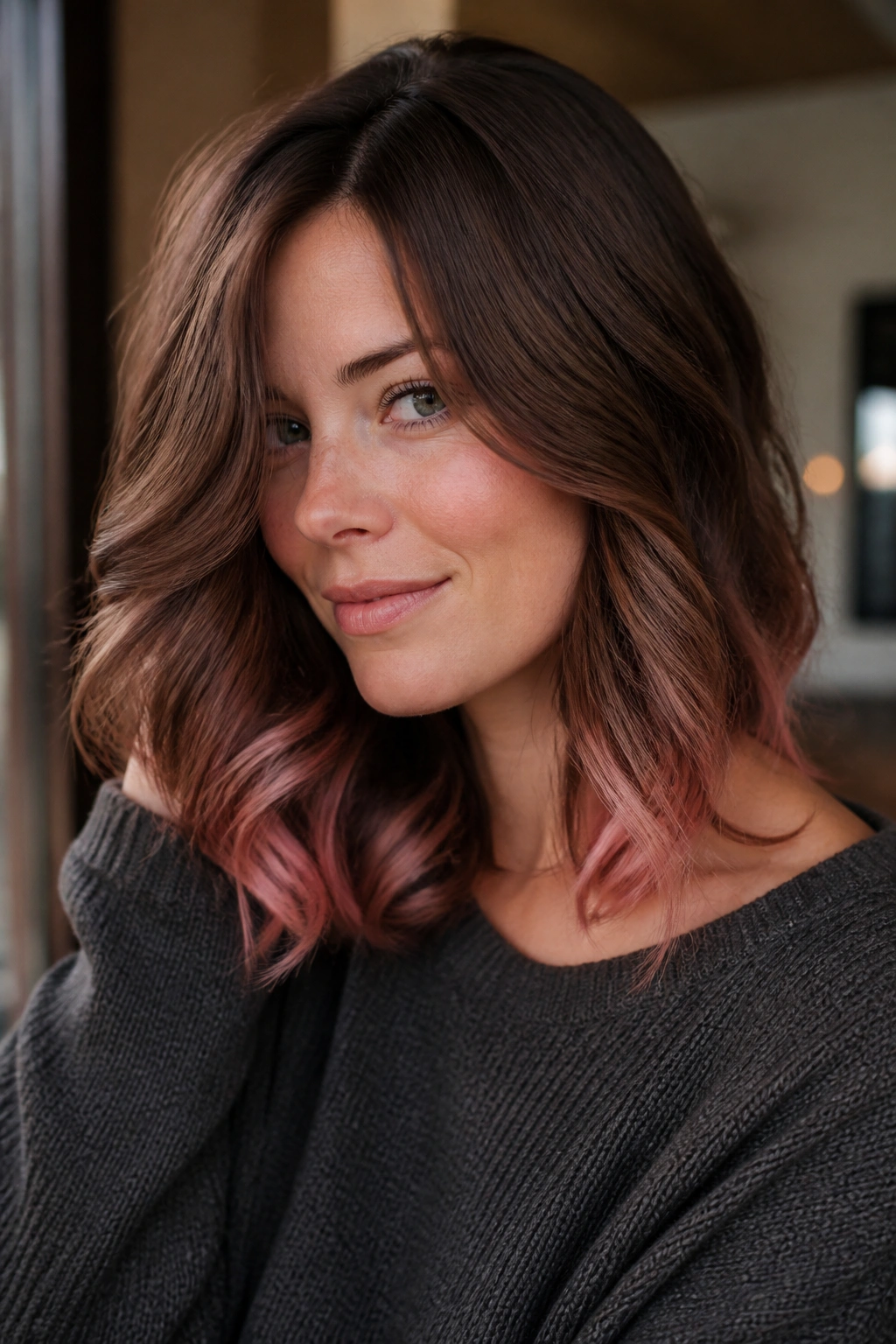 Close-up portrait of a real woman with cool chestnut hair and blush ends
