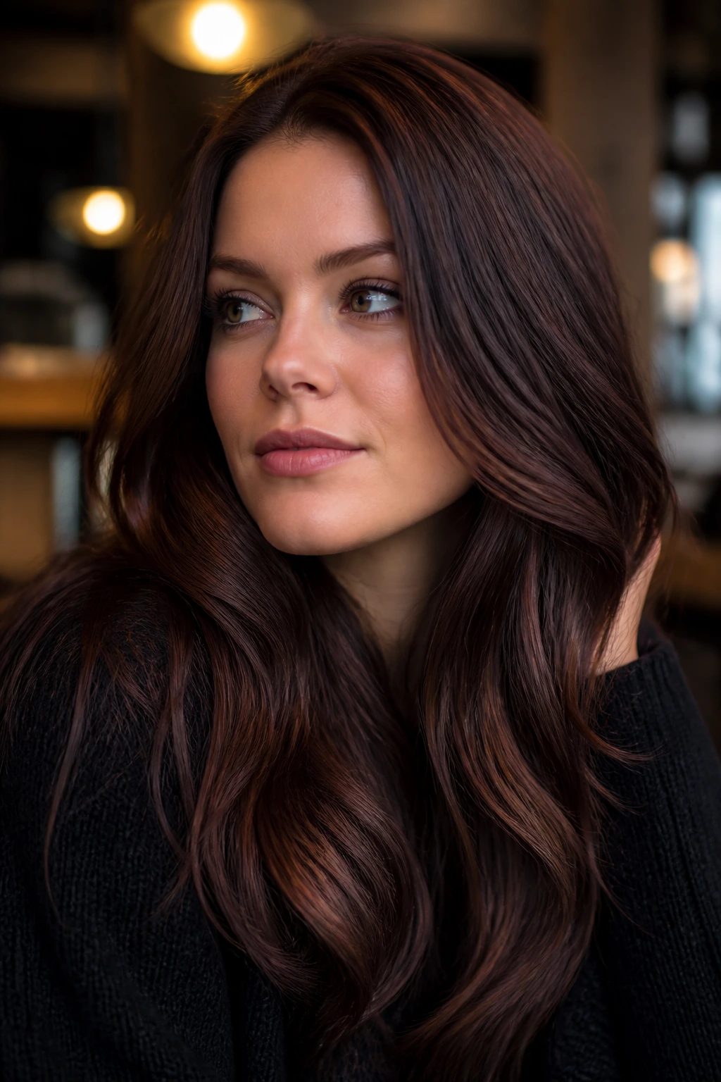 Close-up of cool chestnut brown hair on a real person in cafe lighting