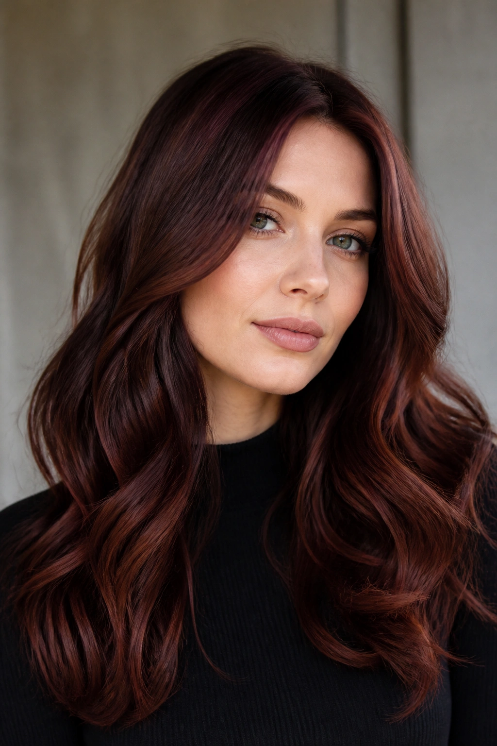 Close-up portrait of cool chestnut burgundy hair on a real person.