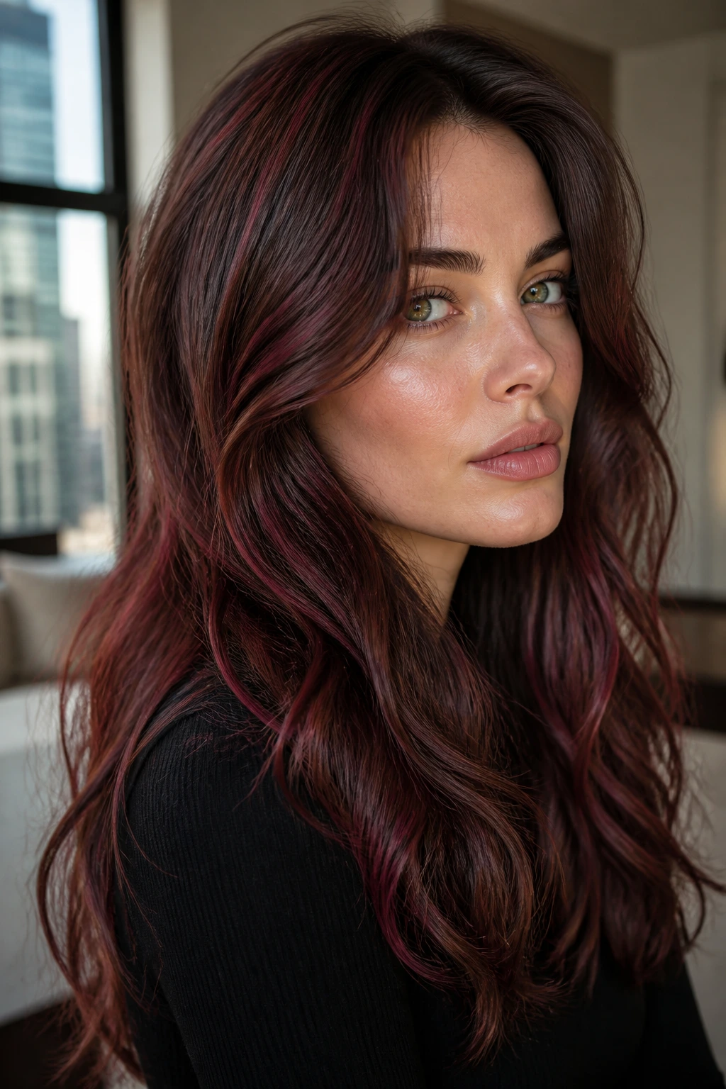Portrait of a real woman with cool chestnut and burgundy ribbons in hair.