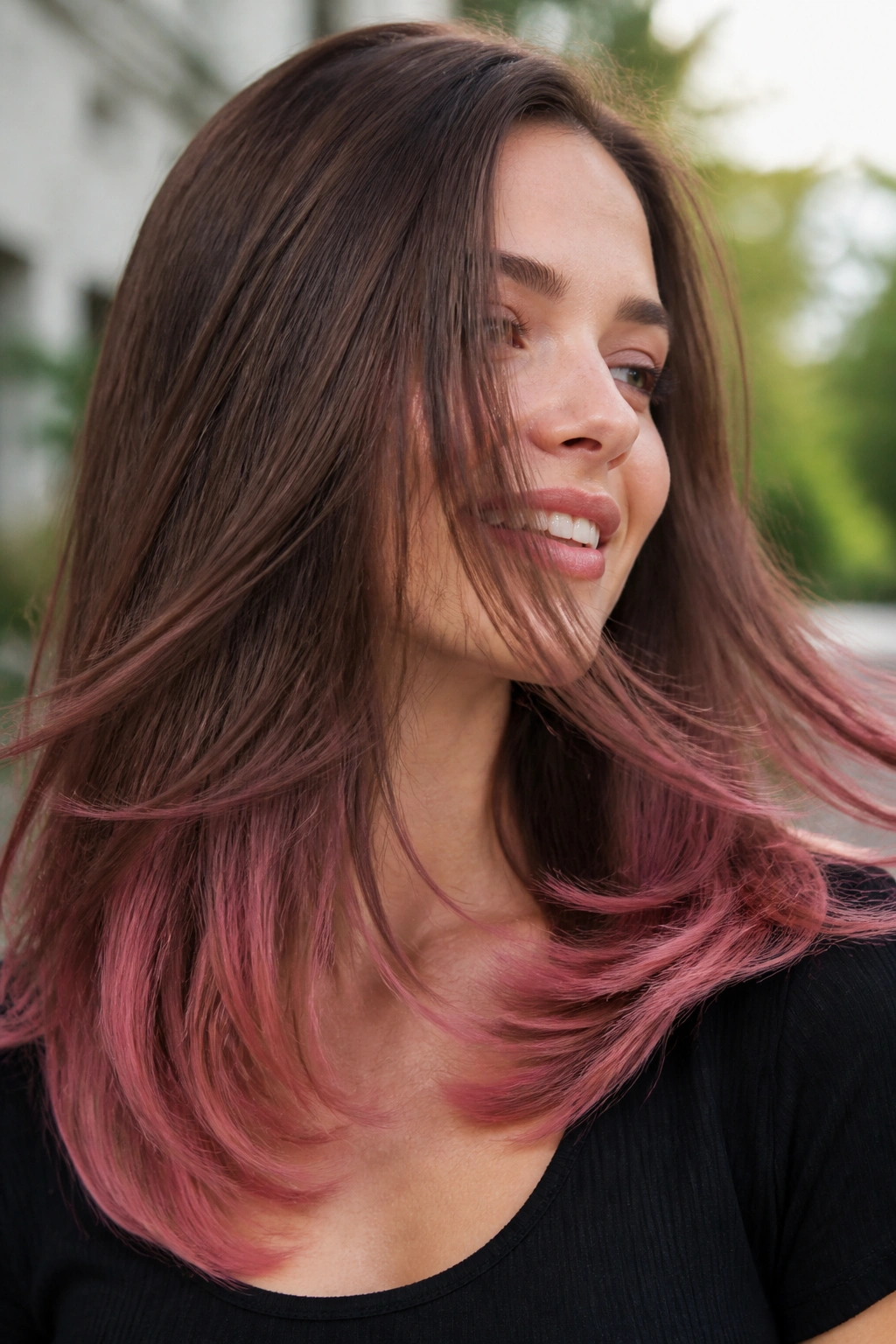 Close-up of a real woman with cool chestnut hair and cherry blossom ends