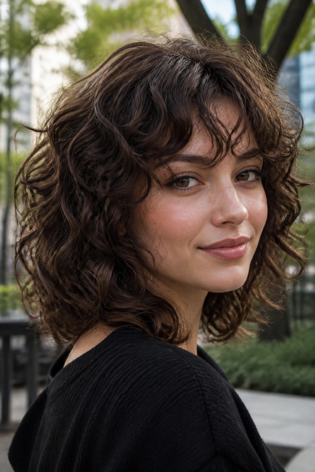 Close-up portrait of cool chestnut curly shag hairstyle on real woman outdoors