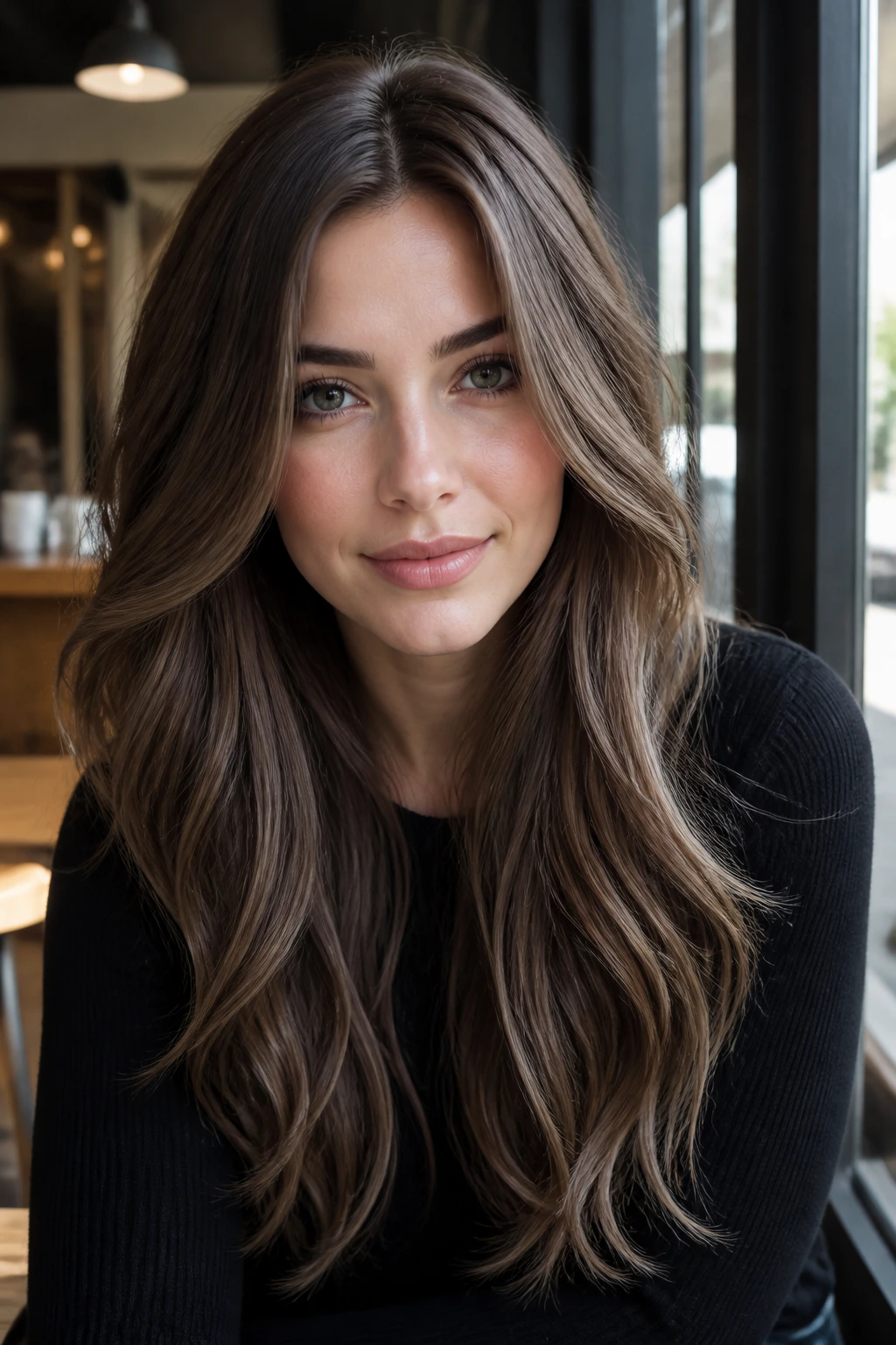 Close-up portrait of a real person with cool chestnut dimension hair.