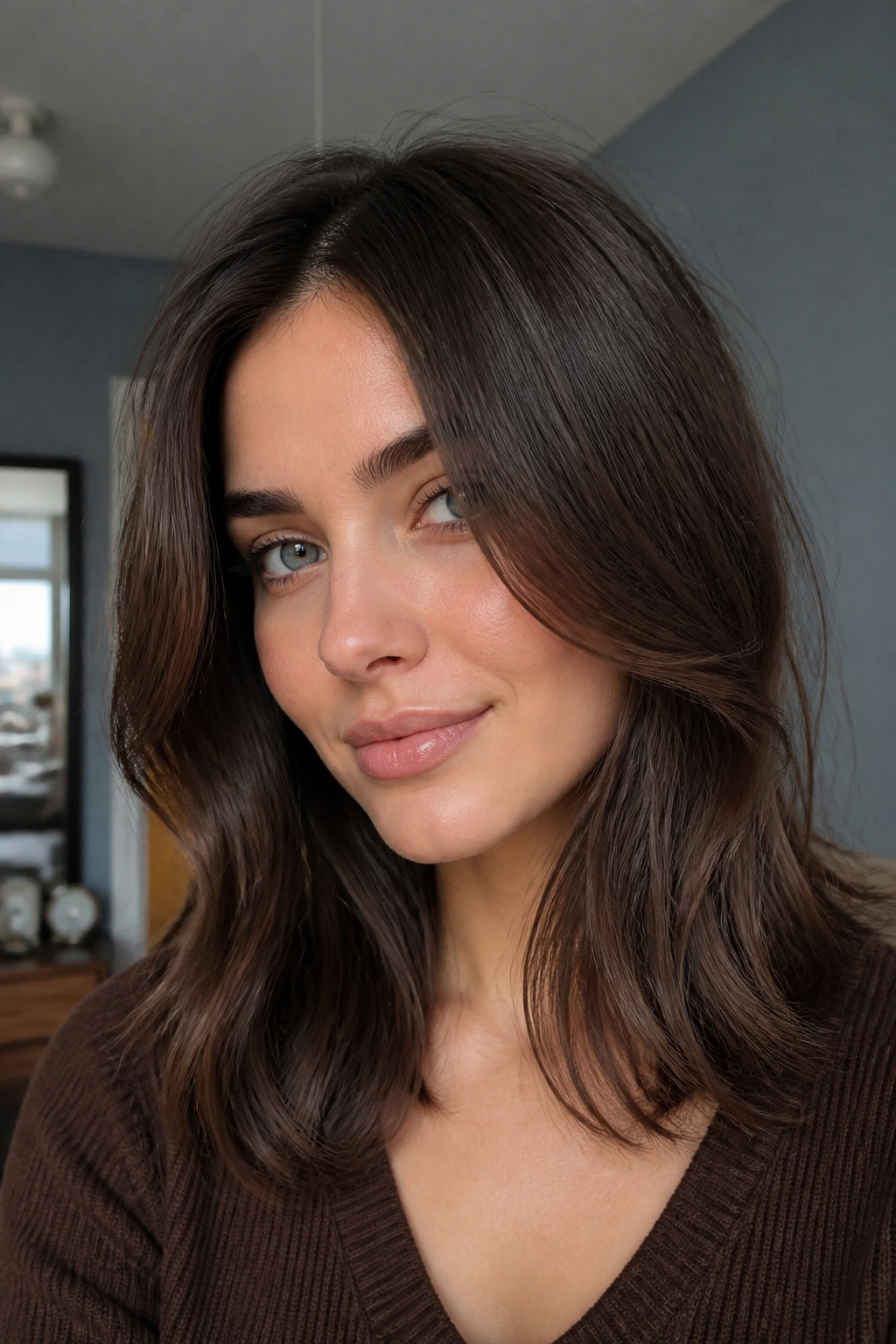 Close-up portrait of a person with cool chestnut espresso hair