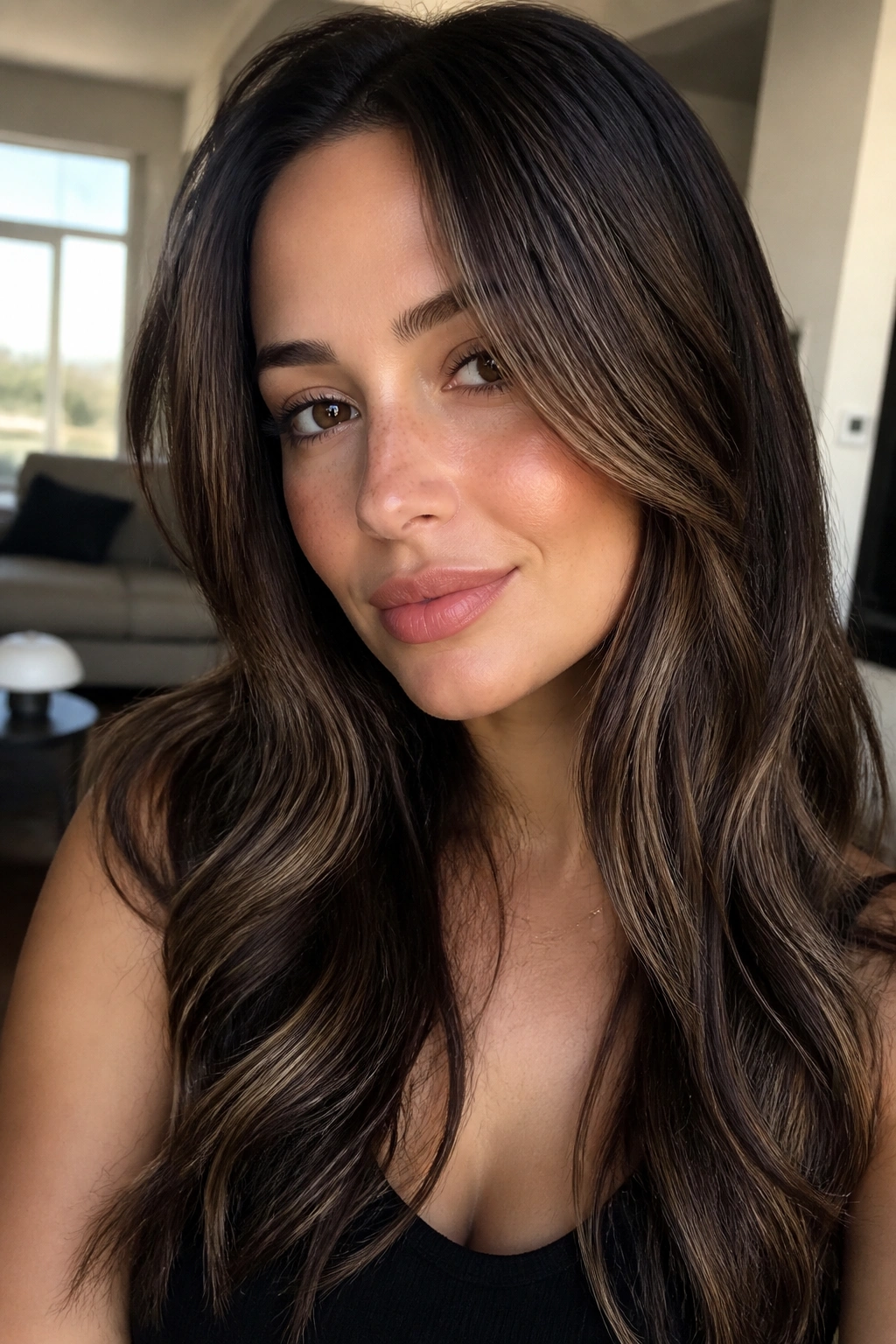 Portrait of cool mushroom-chestnut highlights on brown hair