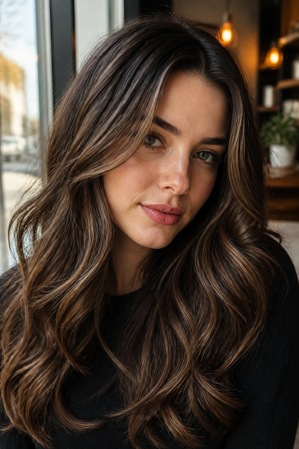 Close-up portrait of cool chestnut hair with latte threads framing the face.