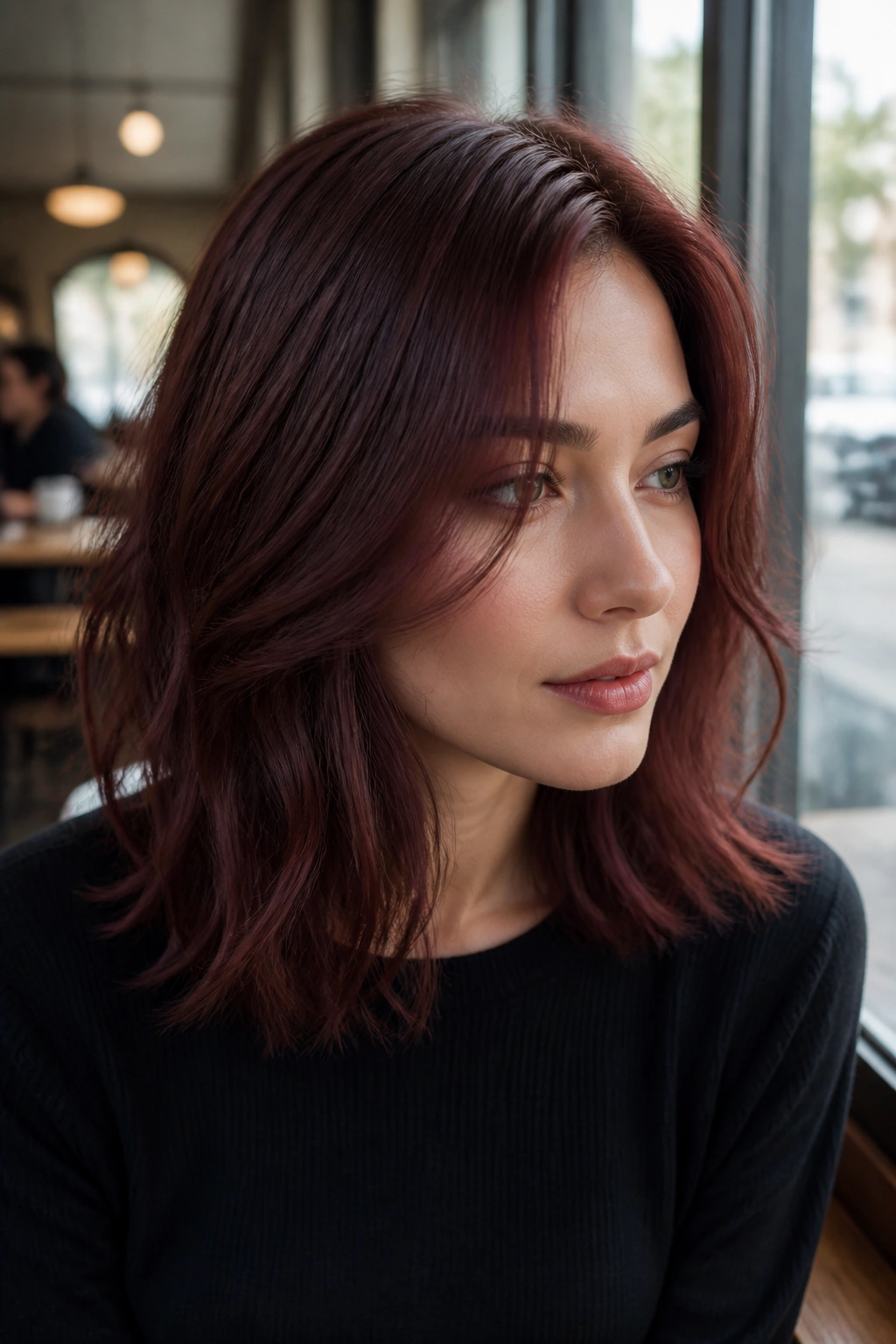 Close-up of cool chestnut mahogany hair with berry tint on a real woman.