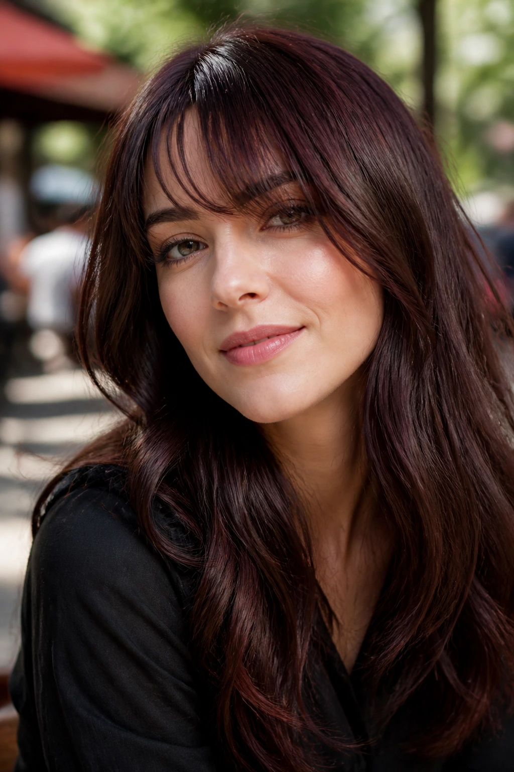 Portrait of a woman with cool chestnut mahogany hair in daylight