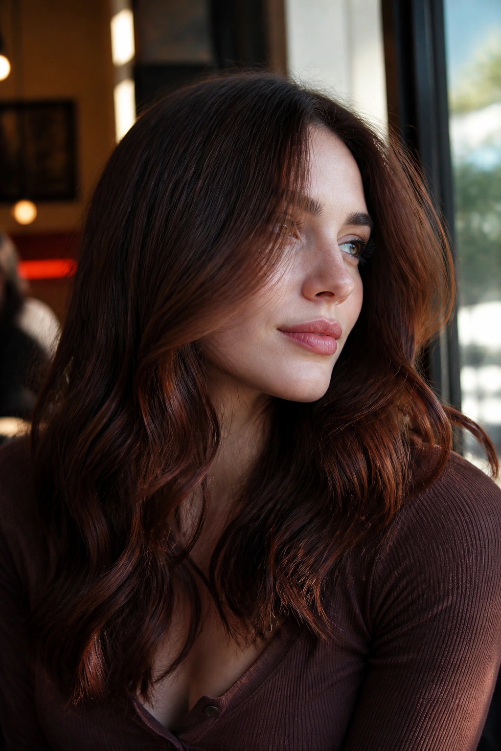 Close-up of a real woman with chestnut base and mahogany lowlights in her hair.