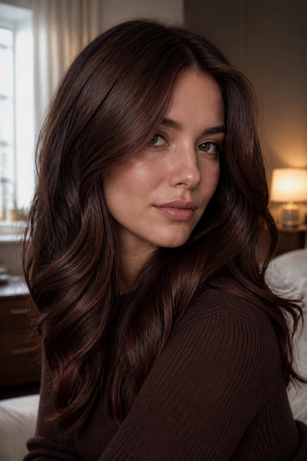 Close-up portrait of a real woman with cool chestnut mocha hair in soft window light
