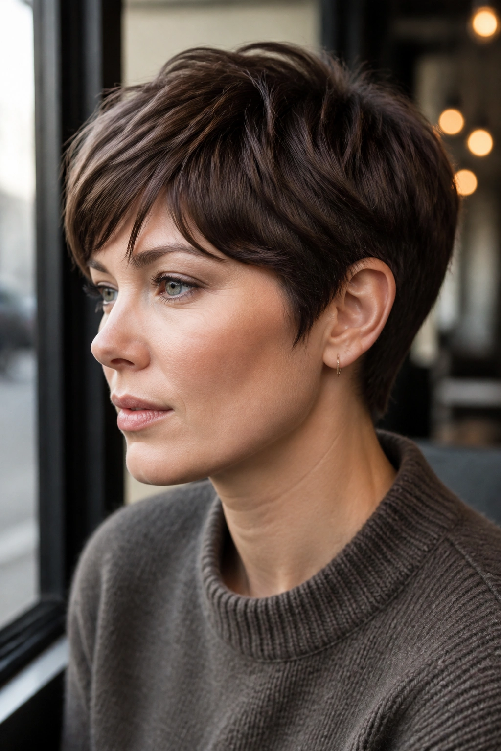 Close-up of a real woman with a cool chestnut pixie crop