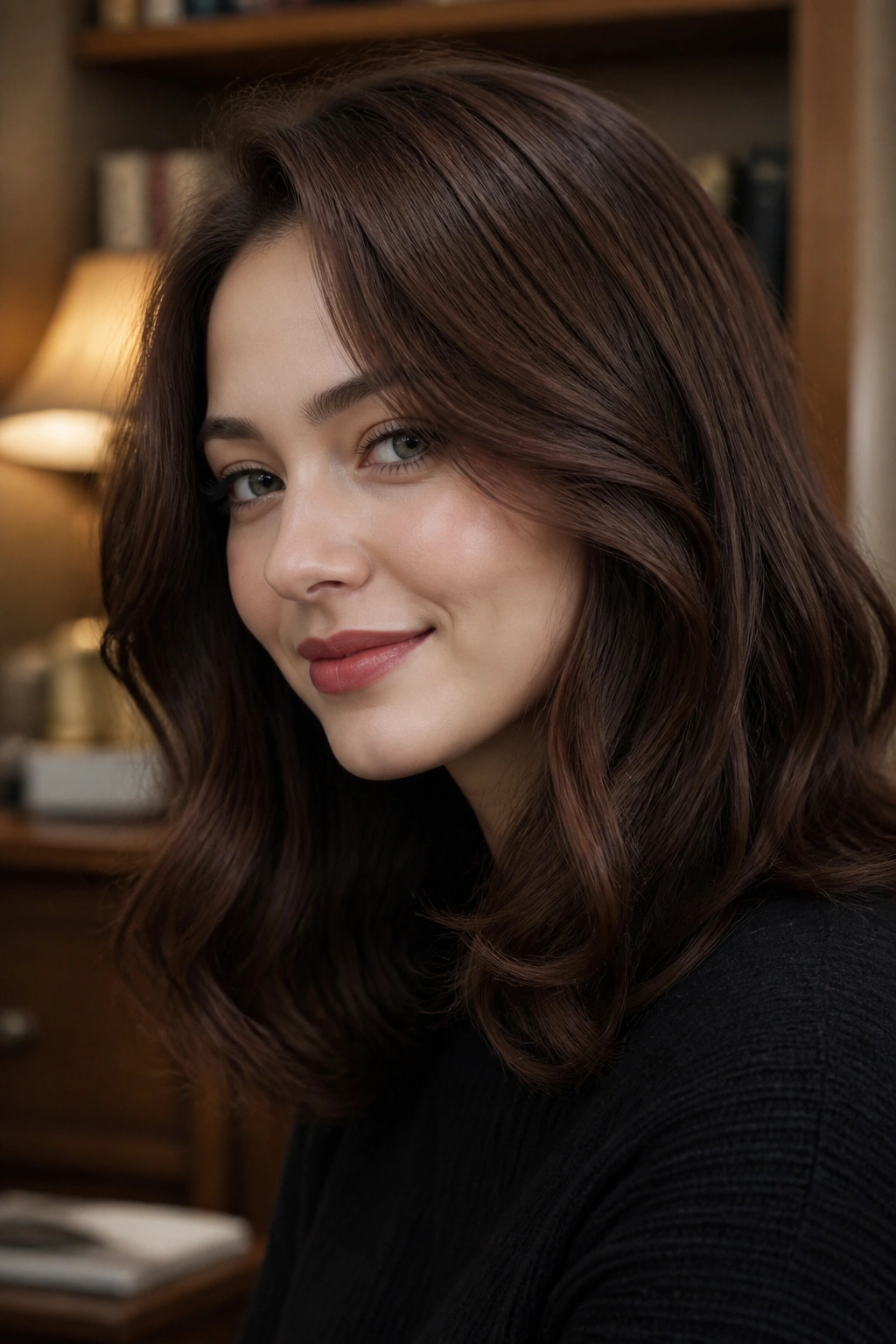 Close-up portrait of a woman with cool chestnut hair and muted red-brown depth in warm light