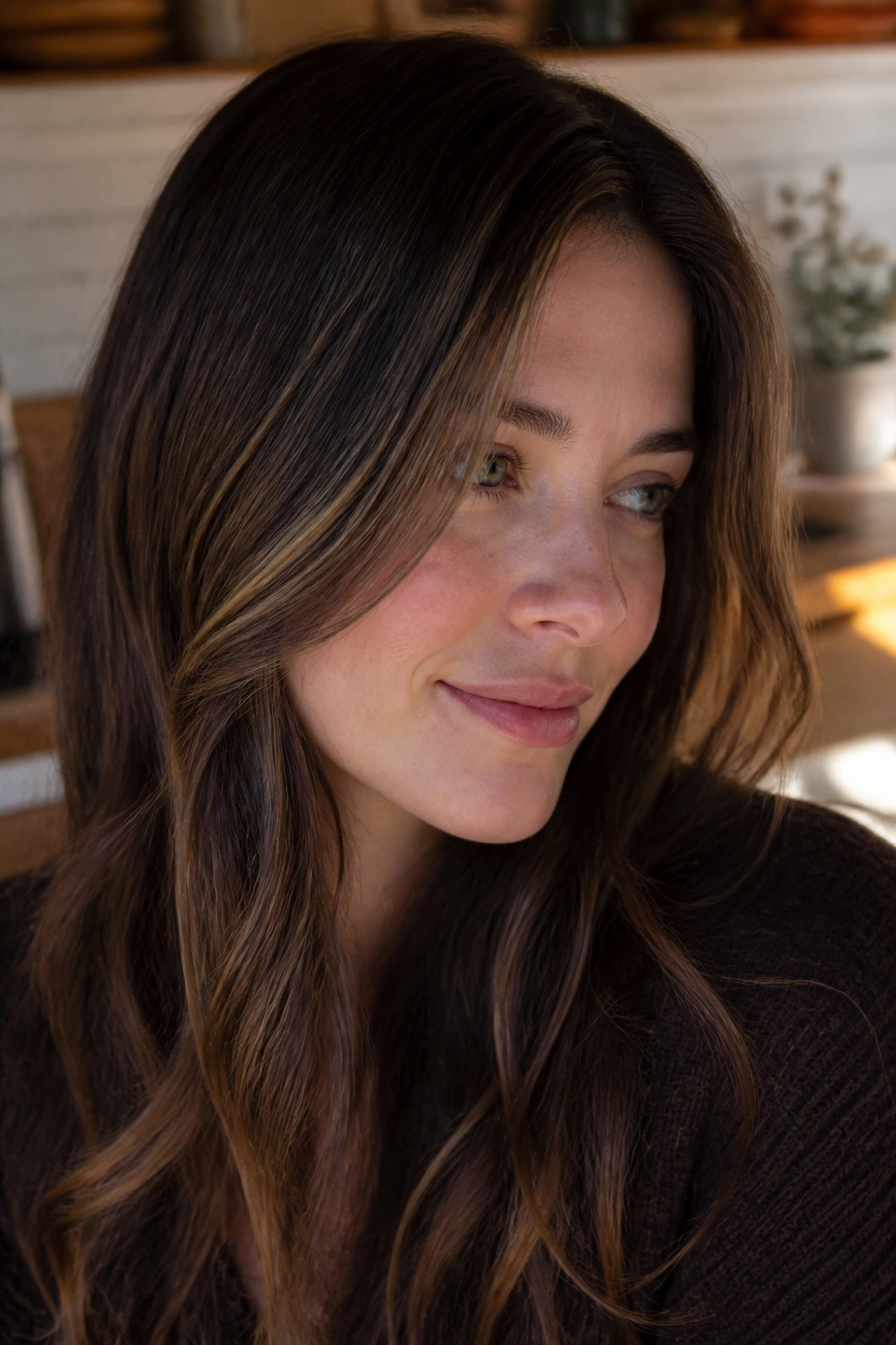 Close-up of a real woman with cool chestnut hair and thin caramel babylights near the part.
