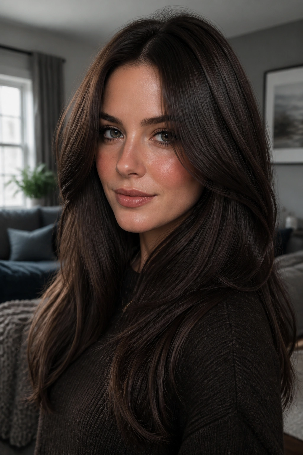 Portrait of a person with cool chocolate brown hair and cool-toned makeup.