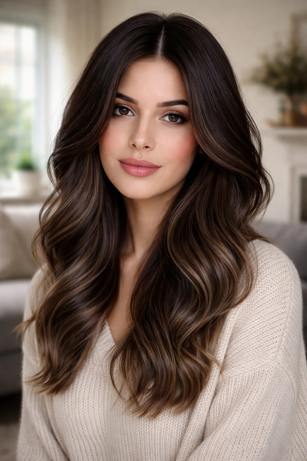 Close-up of a real person with cool chocolate ombre hair from dark roots to ash ends.