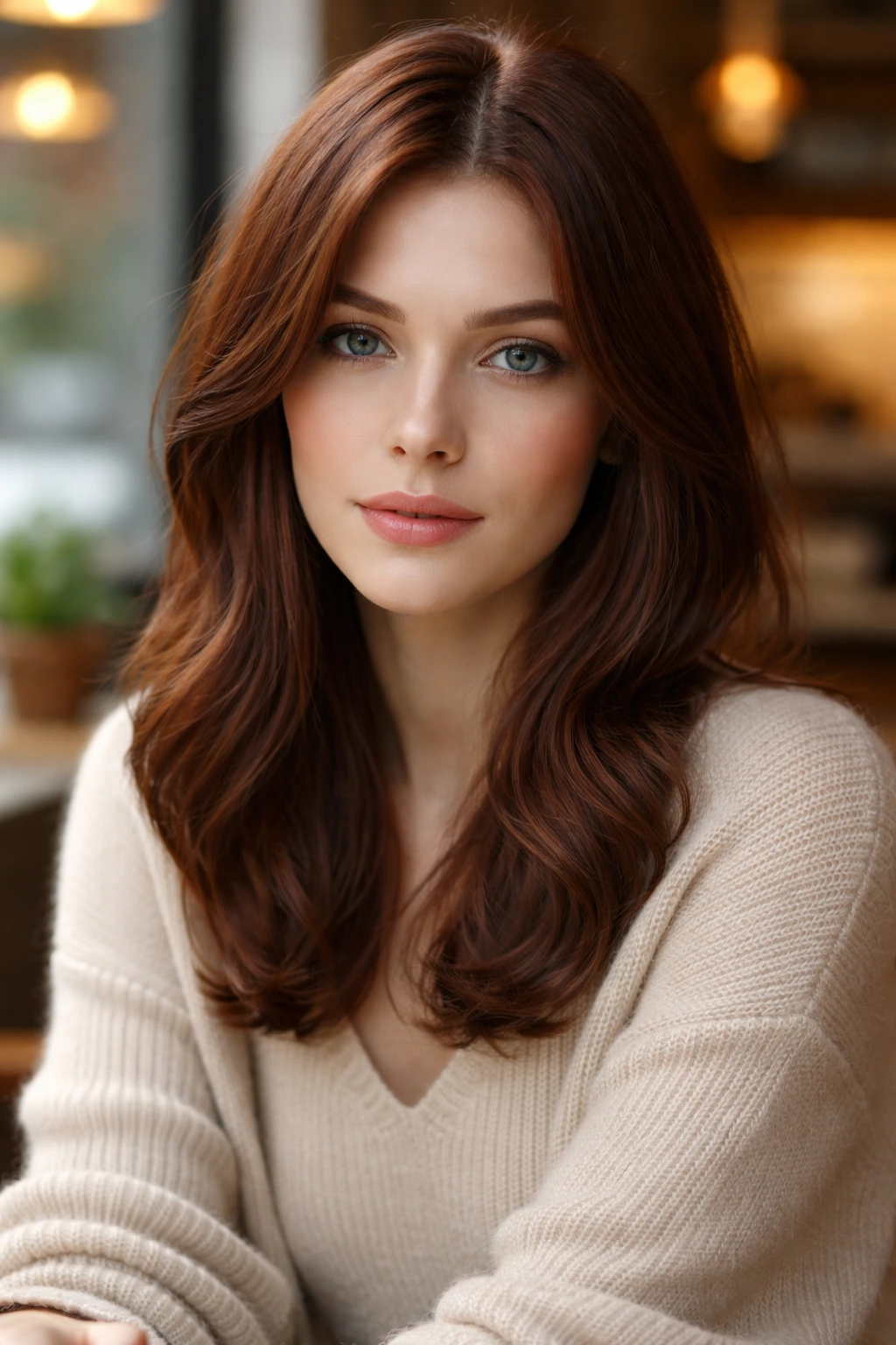 Close-up portrait with cool cinnamon ash-red brown hair