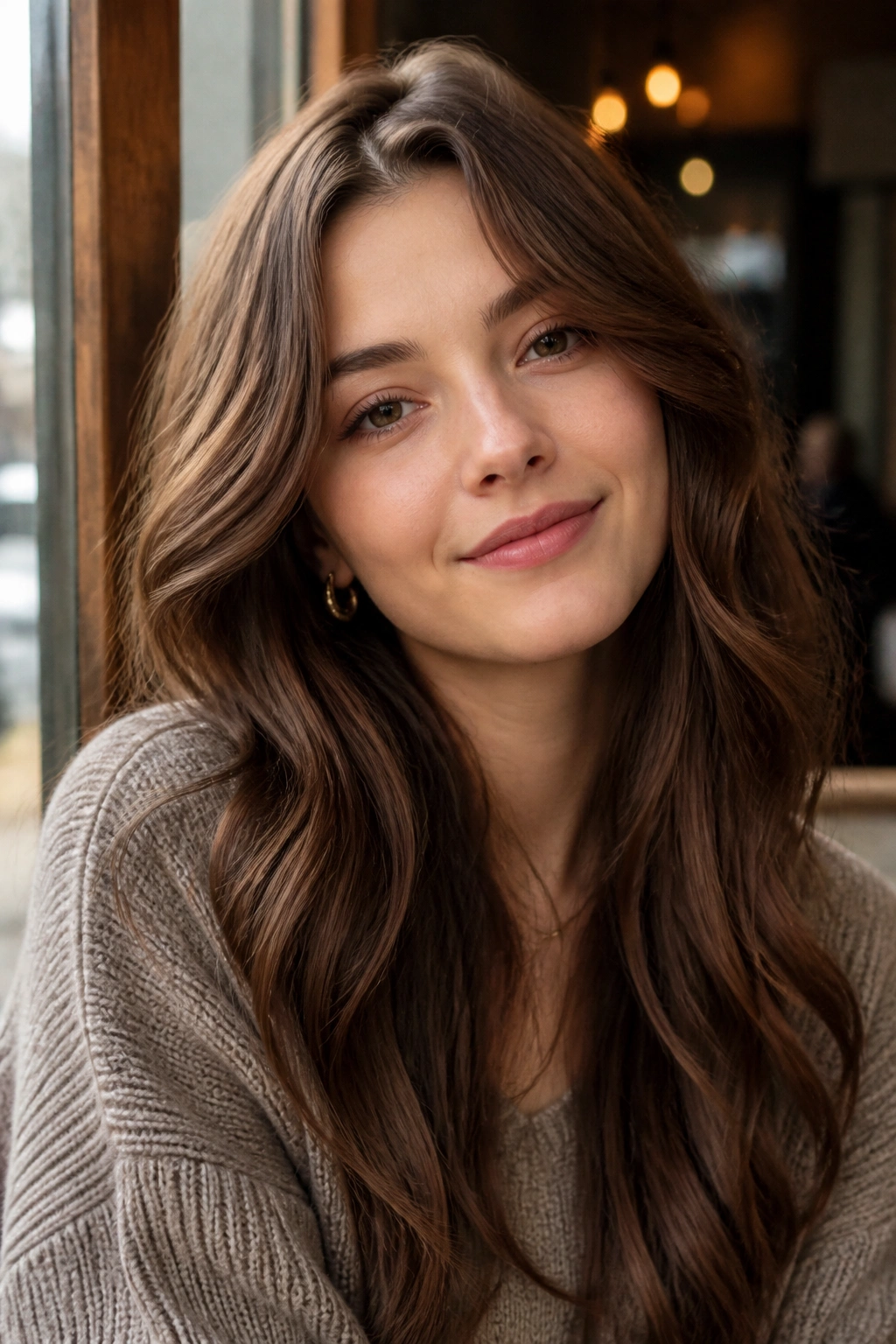 Portrait of a woman with cool cinnamon-brown hair and gentle warmth.
