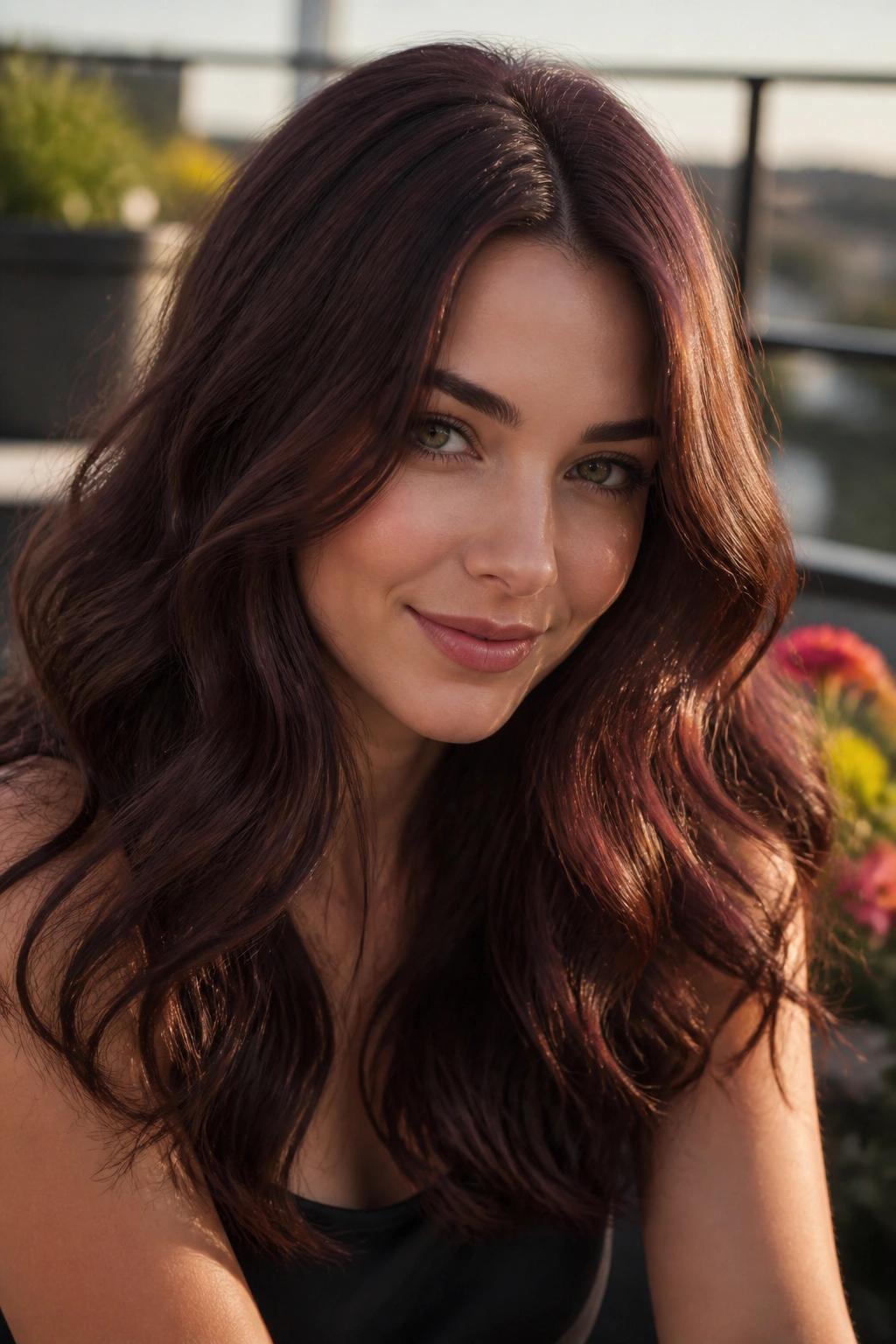 Portrait of a woman with cool cinnamon chestnut on wavy hair in golden hour light