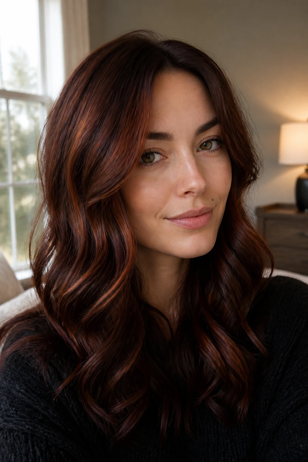 Close-up of a real woman with cool cinnamon-red highlights in brunette hair