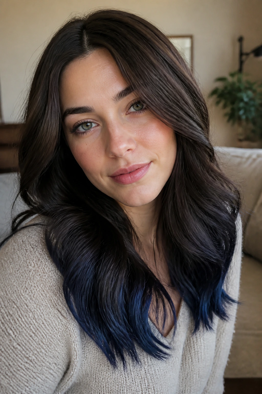 Portrait of a real person with cocoa base and blue-black ends