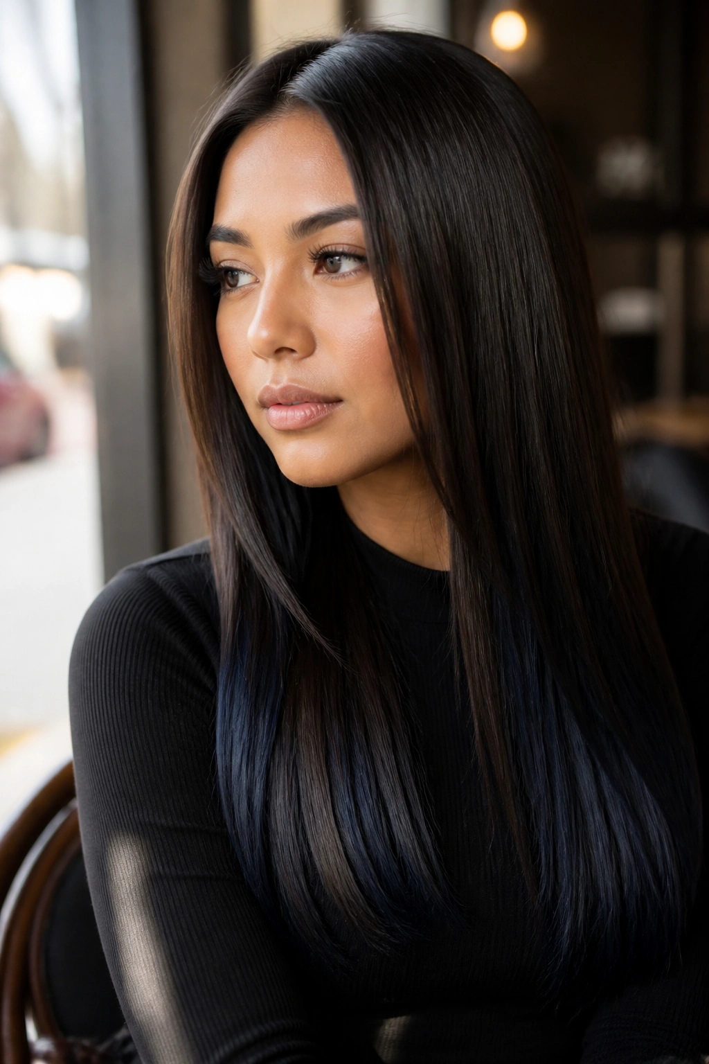 Portrait of cool cocoa balayage with blue-black ribbons at ends and panels