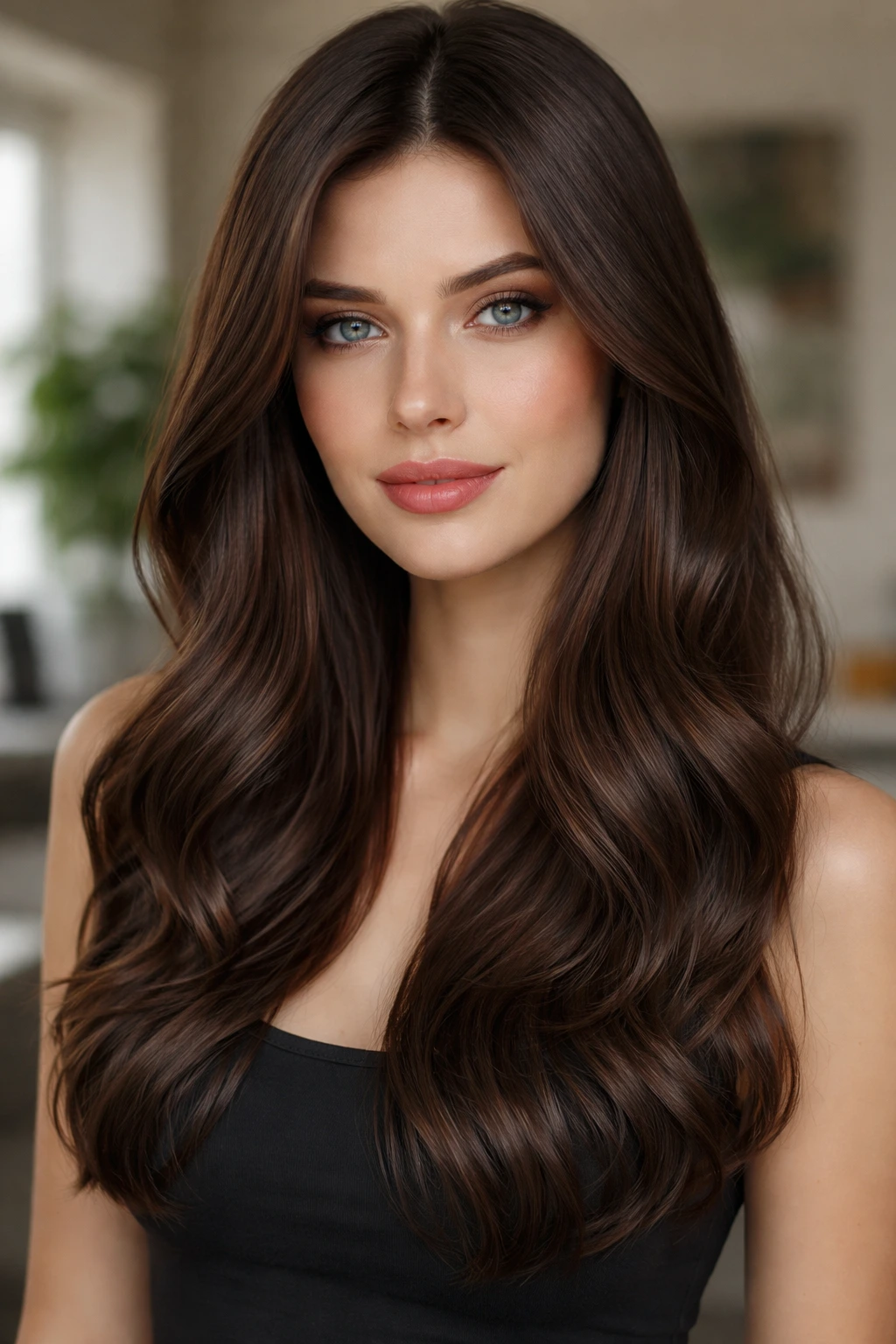 Close-up portrait of a real person with cool cocoa brown hair