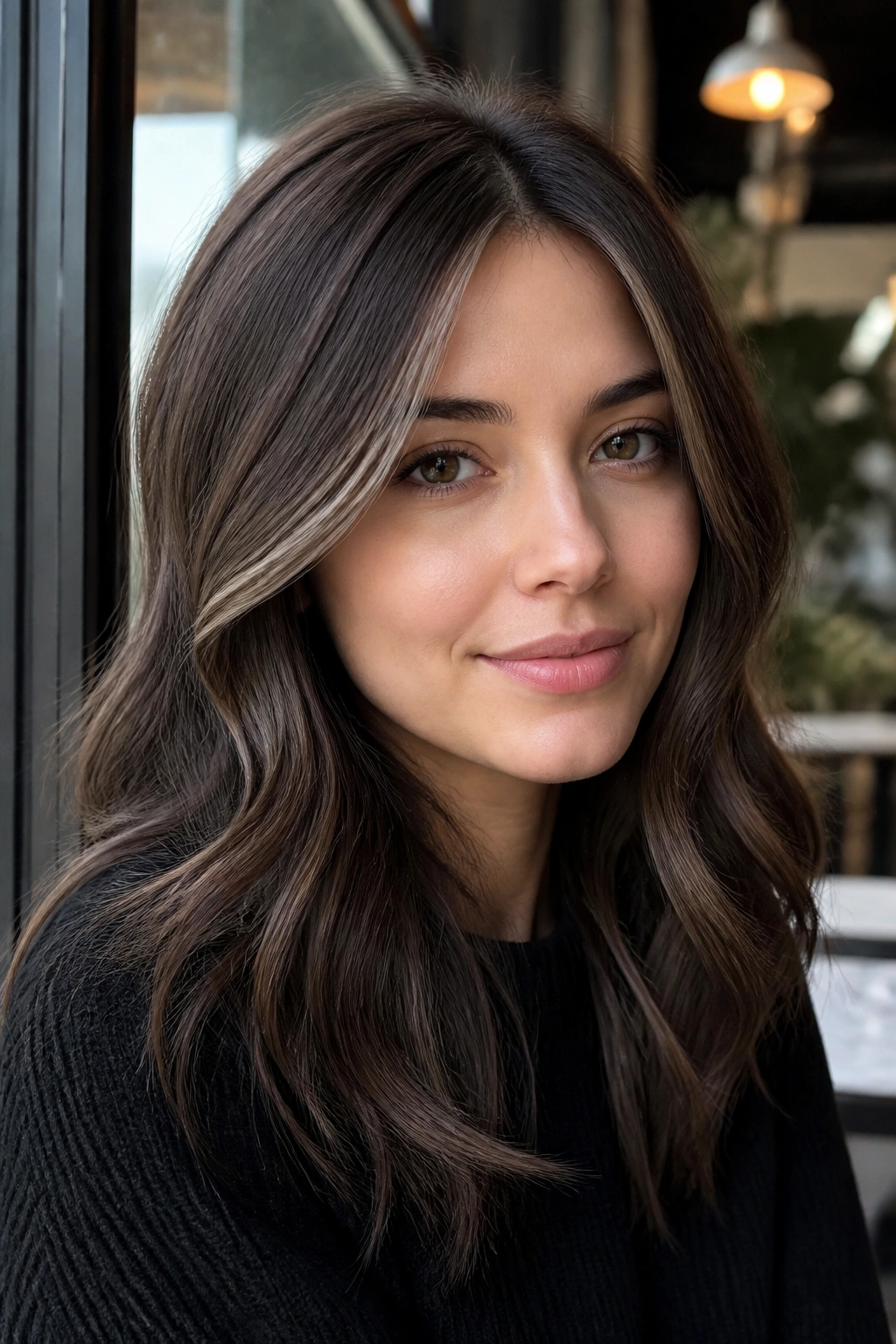 Close-up of a real person with dark cocoa base and cool-toned face-framing pieces around the cheeks