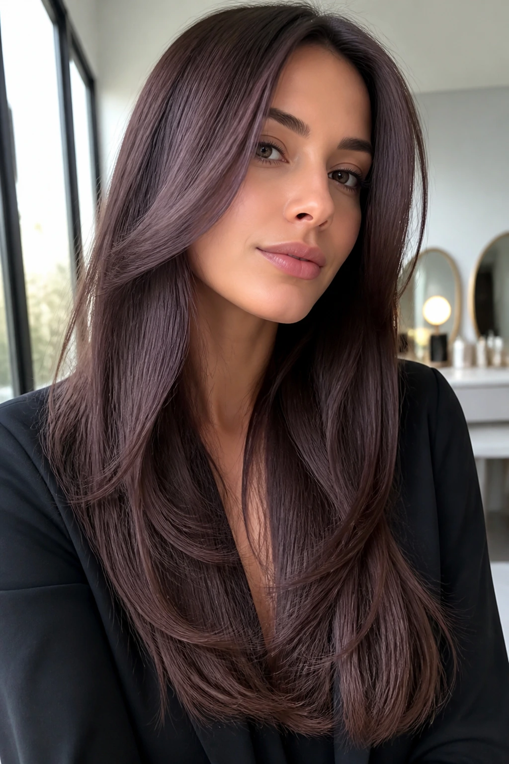 Real woman with cool cocoa hair and violet undertones in natural window light.