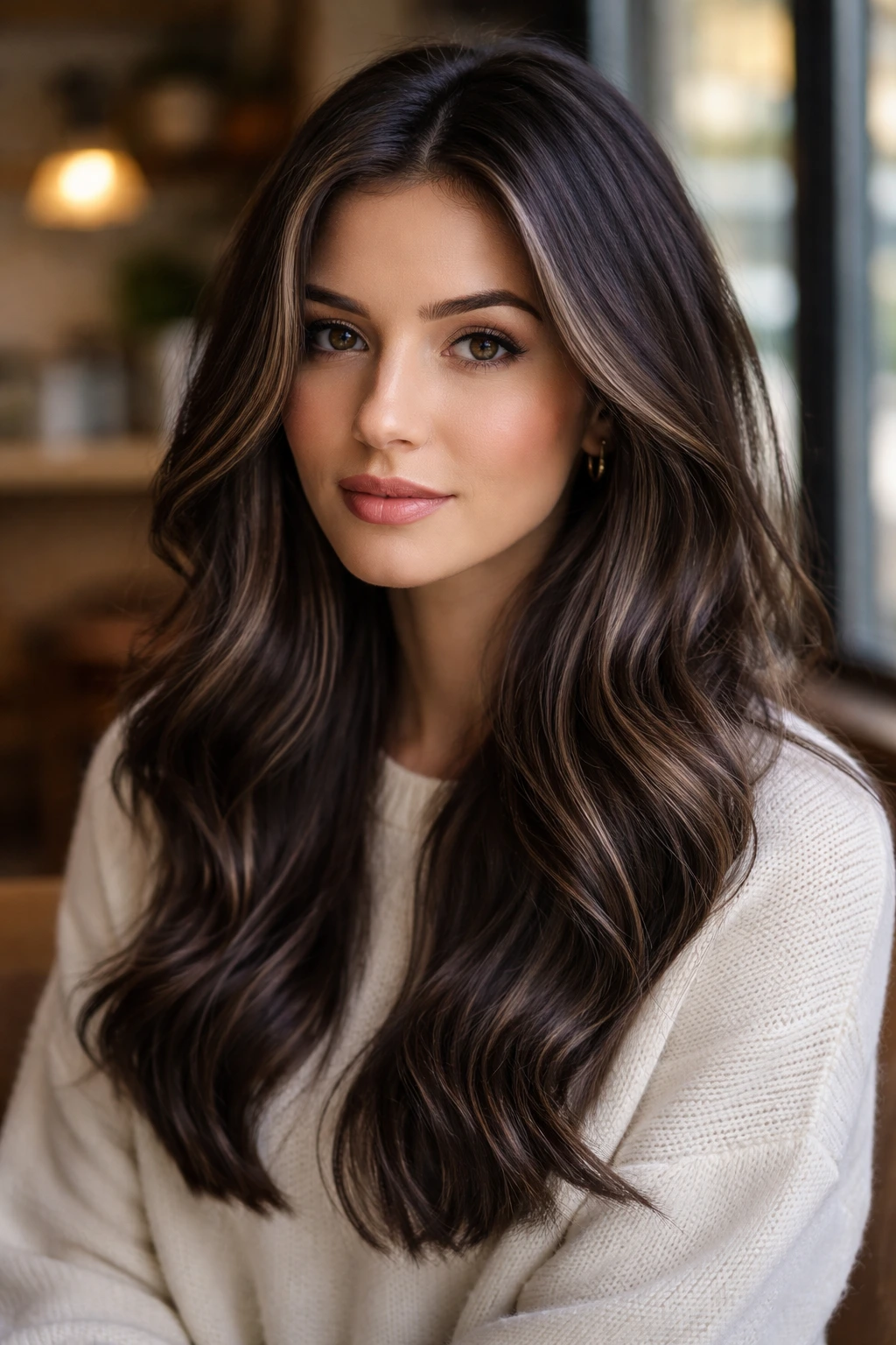 Close-up portrait of a real person with cool cocoa highlight ribbons in dark hair.