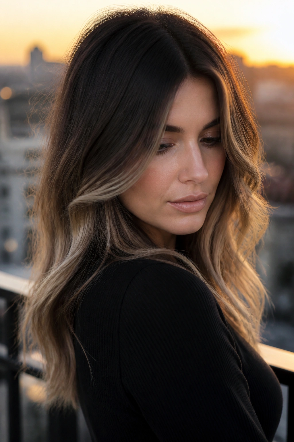 Portrait of a person with cool cocoa melt hair gradient from dark root to light ends
