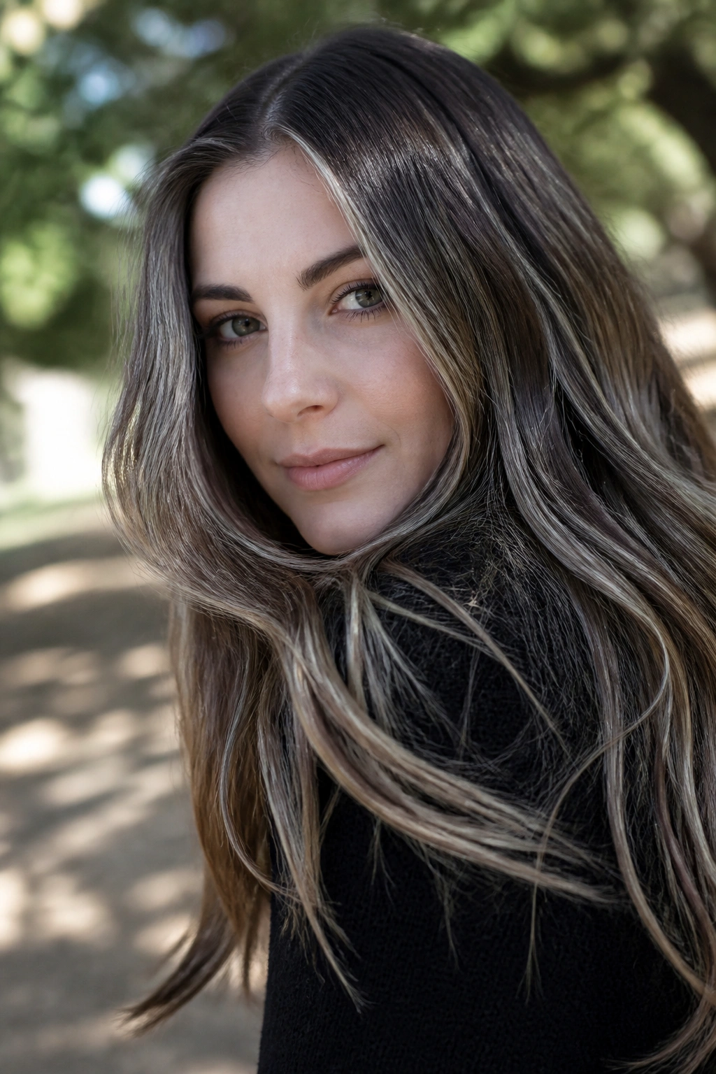 Portrait of a woman with cool cocoa hair and silver babylights.