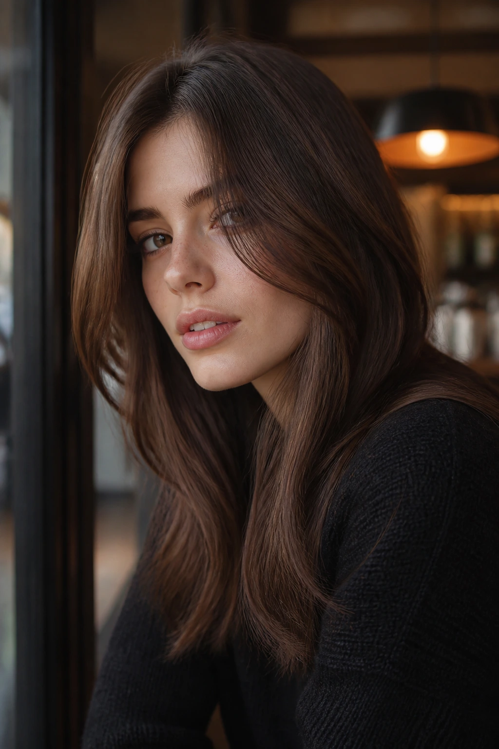 Close-up portrait of cool coffee brown hair in cafe light