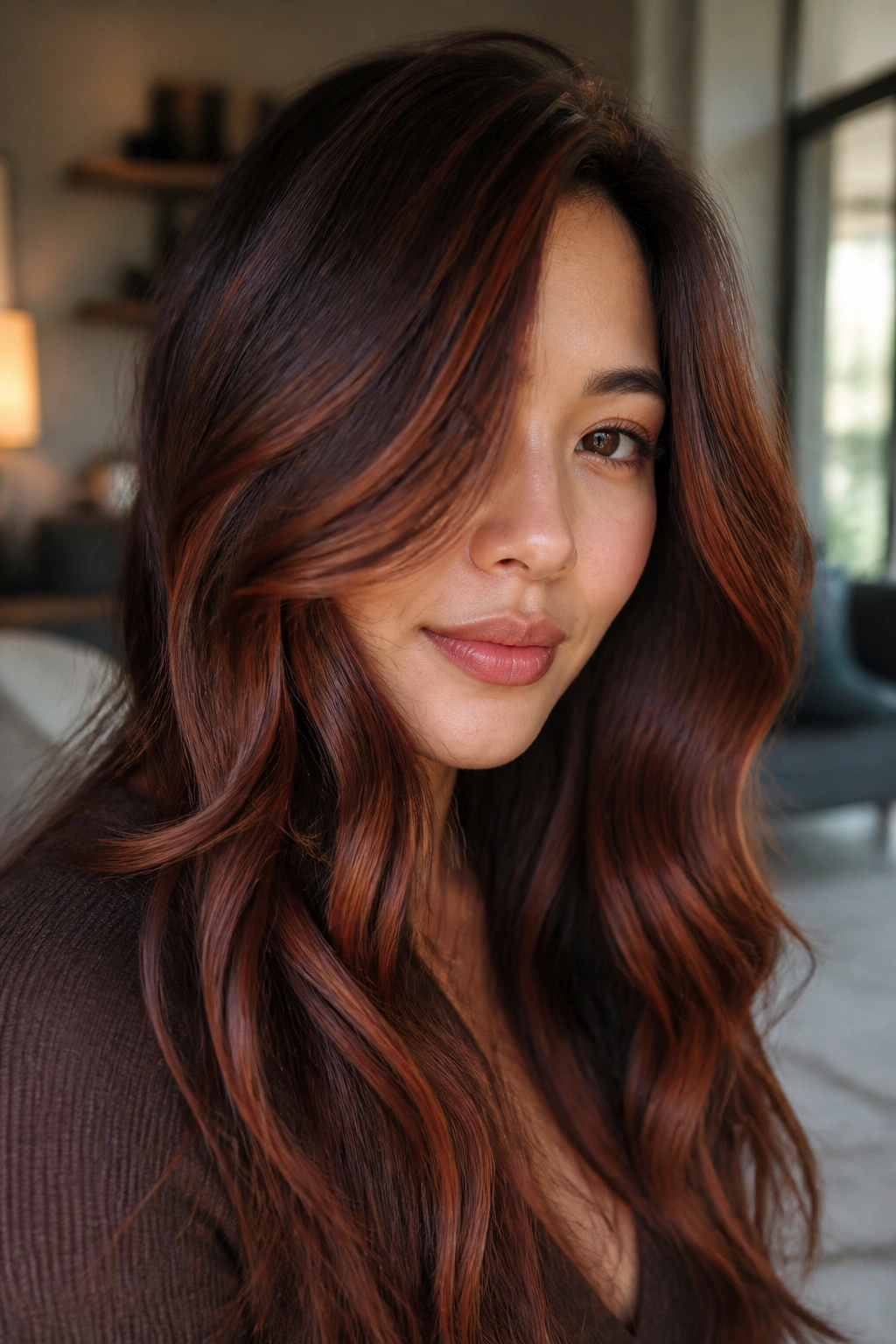 Close-up portrait of a real person with cool copper auburn balayage on cool skin.
