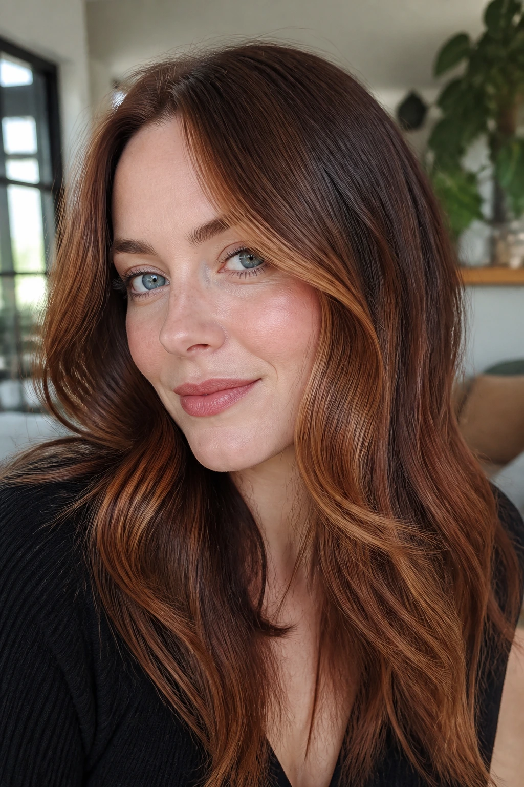 Close-up portrait of a real woman with cool copper auburn balayage in natural light.
