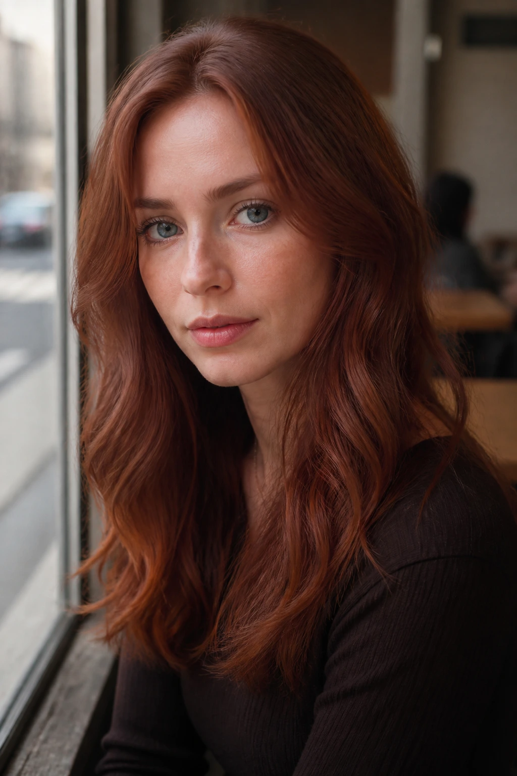 Close-up portrait of a real person with cool-toned copper auburn hair in a muted terracotta hue.
