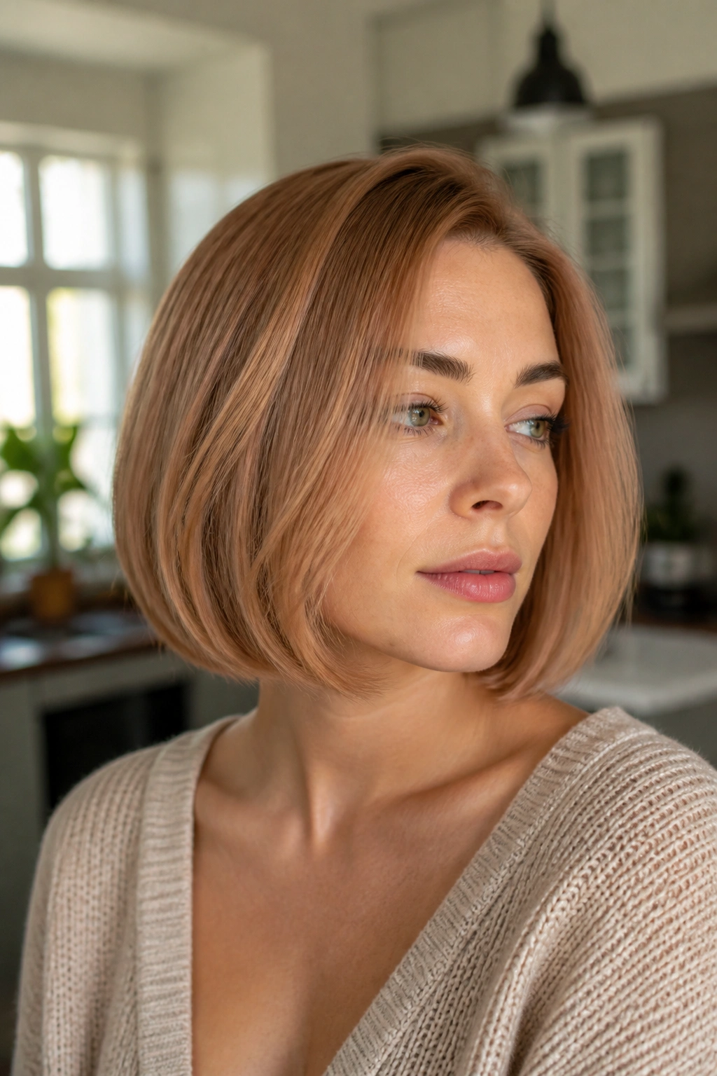 Close-up of a real woman with a cool copper beige bob hairstyle.