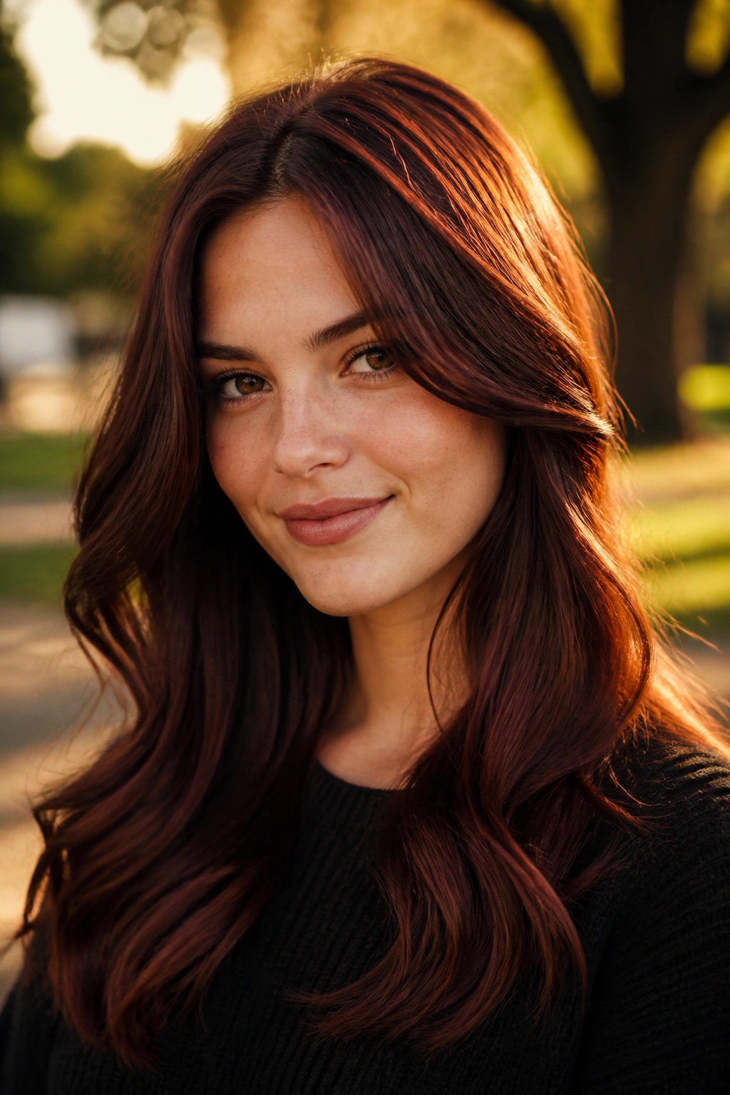 Close-up of a real woman with Cool Copper Brown hair in outdoor golden-hour light