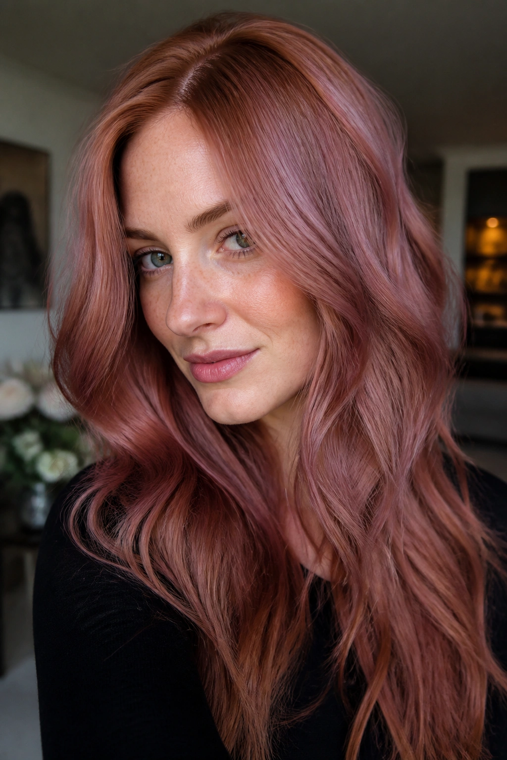 Portrait of a woman with copper strawberry blonde hair and violet gloss