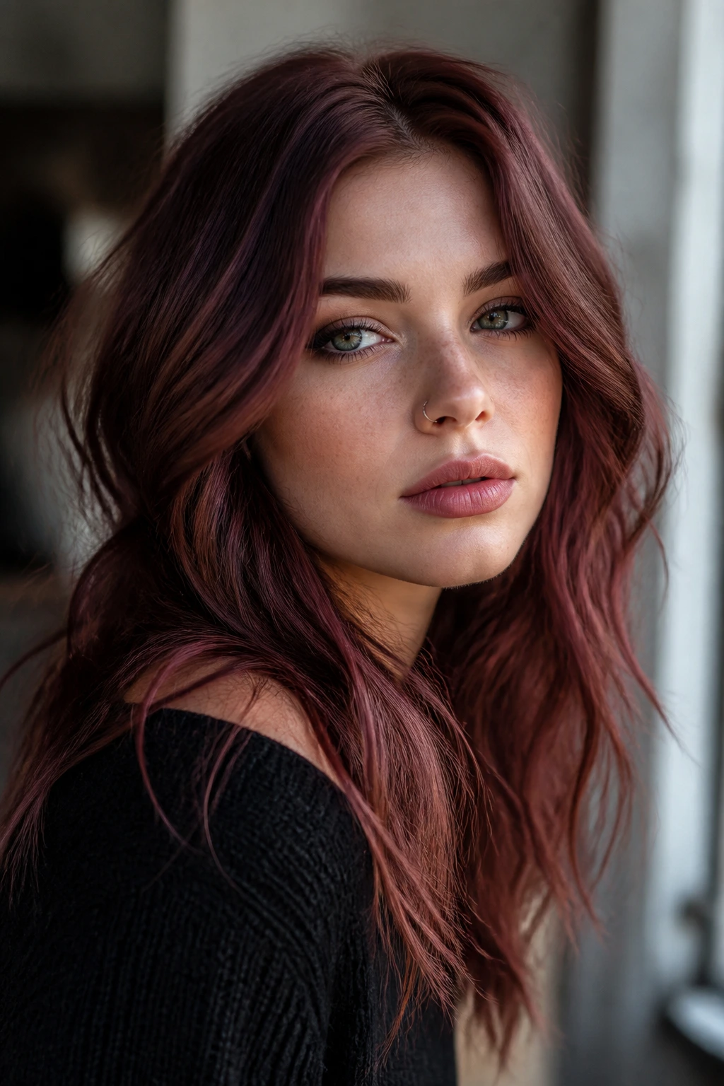 Close-up of real person with cool copper-violet fusion hair in natural light