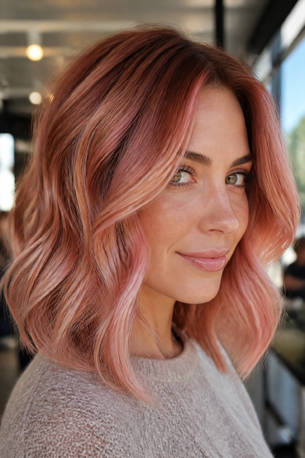 Close-up portrait of a real woman with cool coral strawberry melt hair, showing gradient from dark root to rose-beige ends.