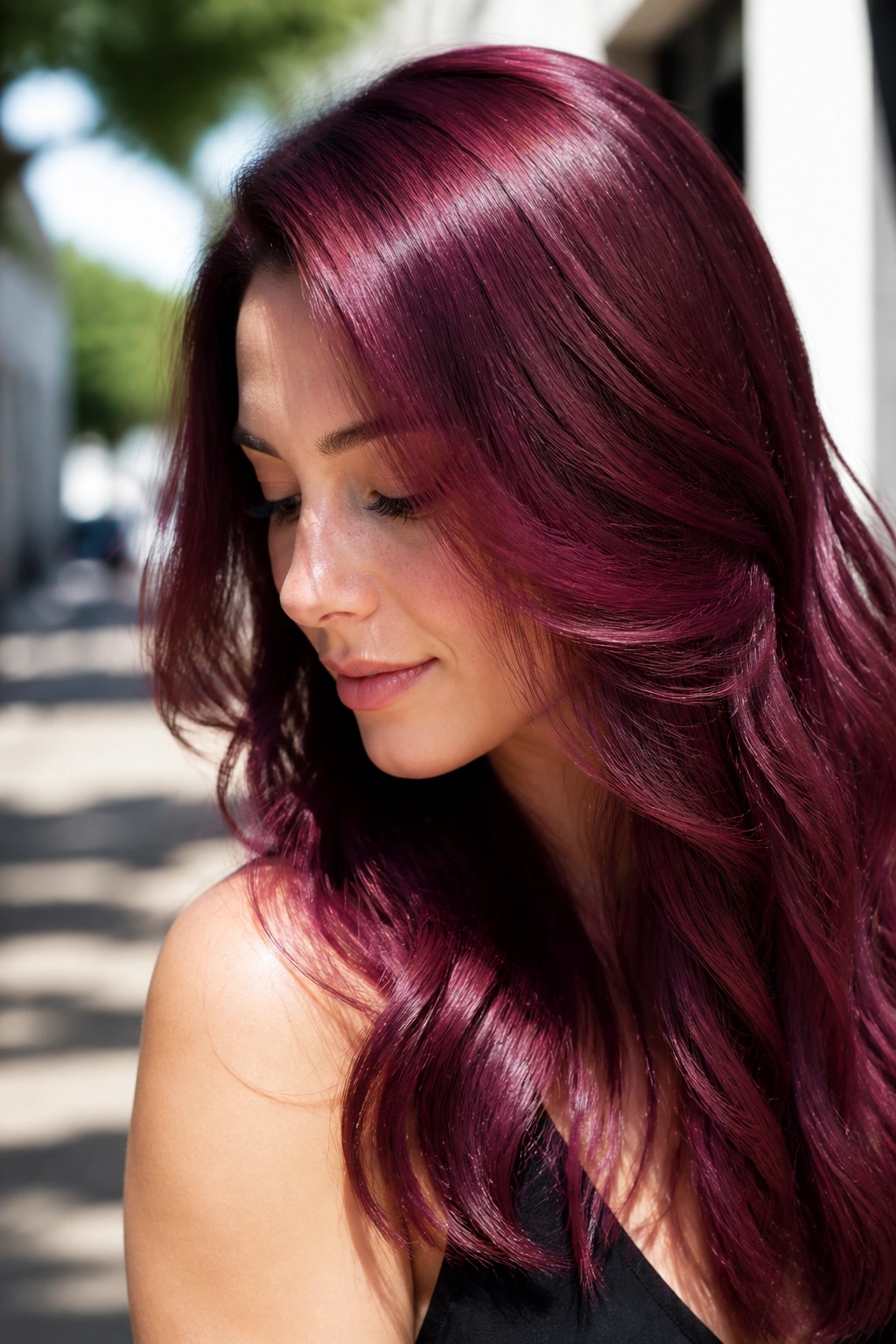 Portrait of woman with Cool Cranberry Gloss hair in daylight.