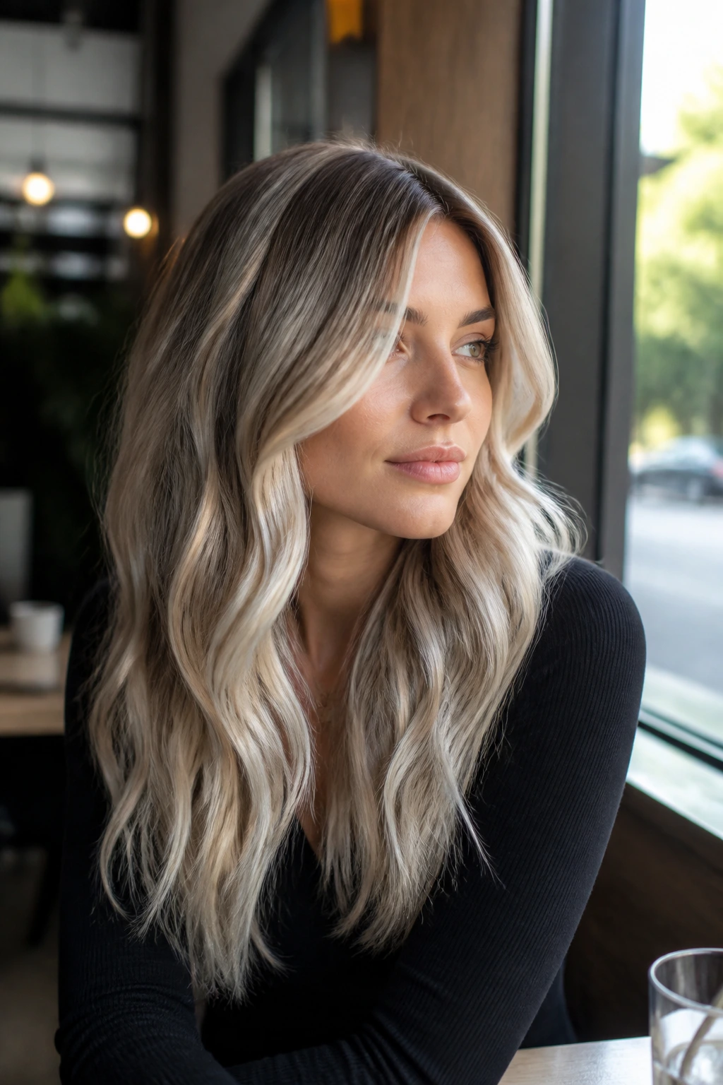 Close-up of a real woman with cool cream balayage and soft dimensional highlights