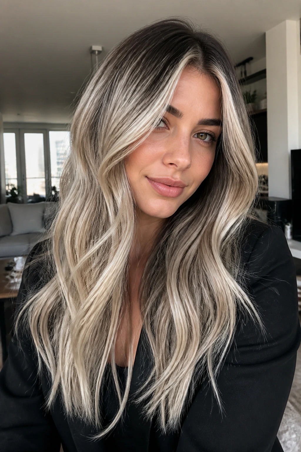 Close-up of a real woman with cool cream blonde and chunky balayage