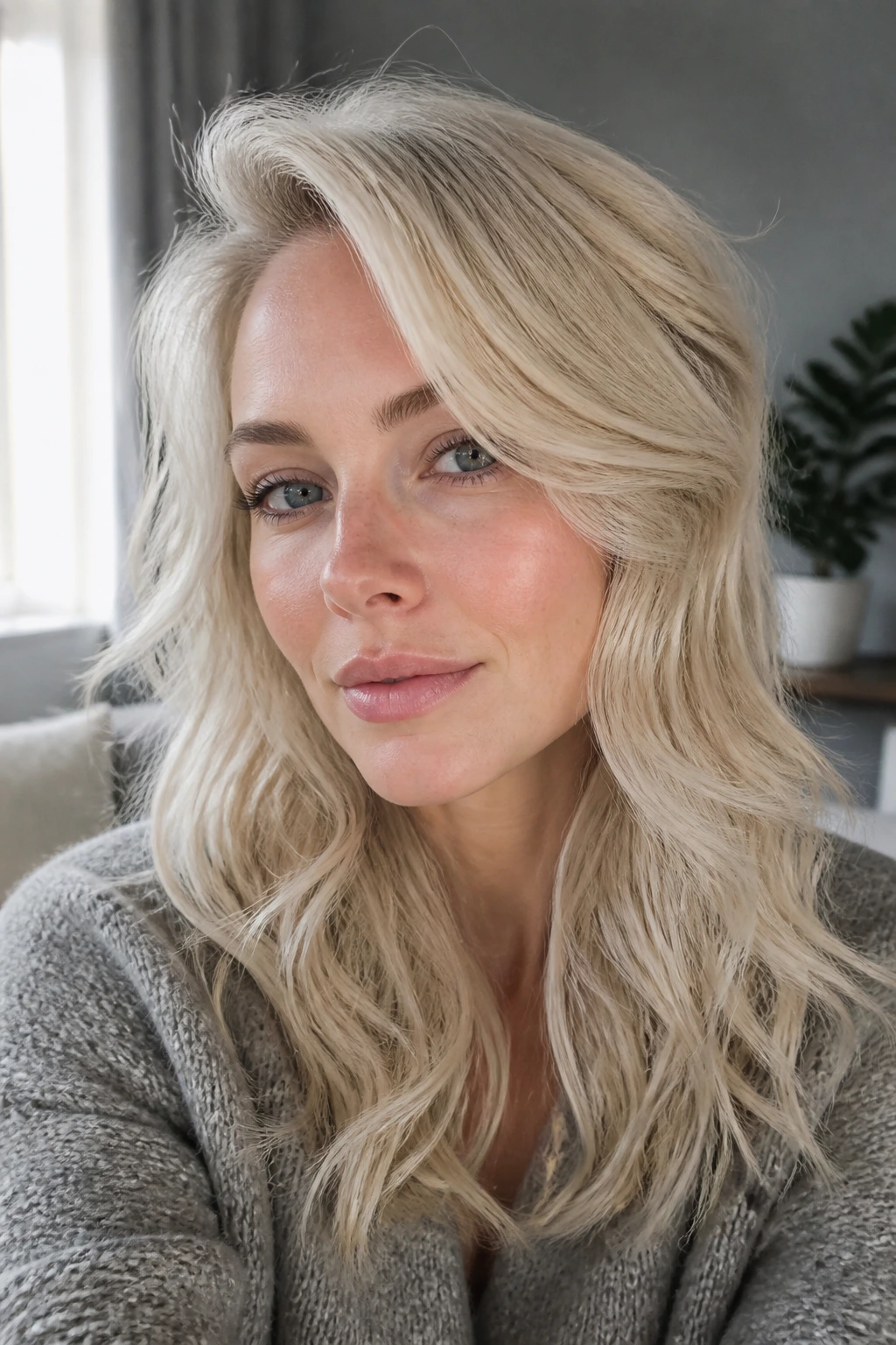 Close-up portrait of a woman with cool cream blonde hair and soft waves