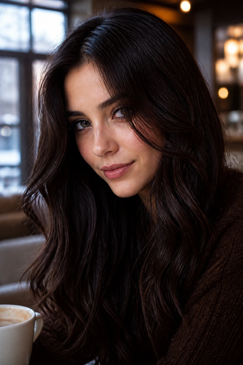 Close-up portrait of a real woman with cool dark chocolate hair in winter light