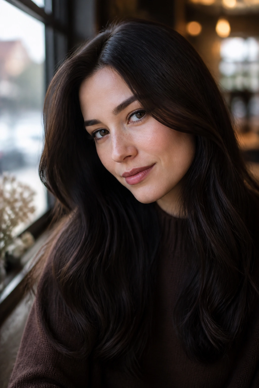 Close-up portrait of a real person with cool espresso brown hair in a cafe setting.