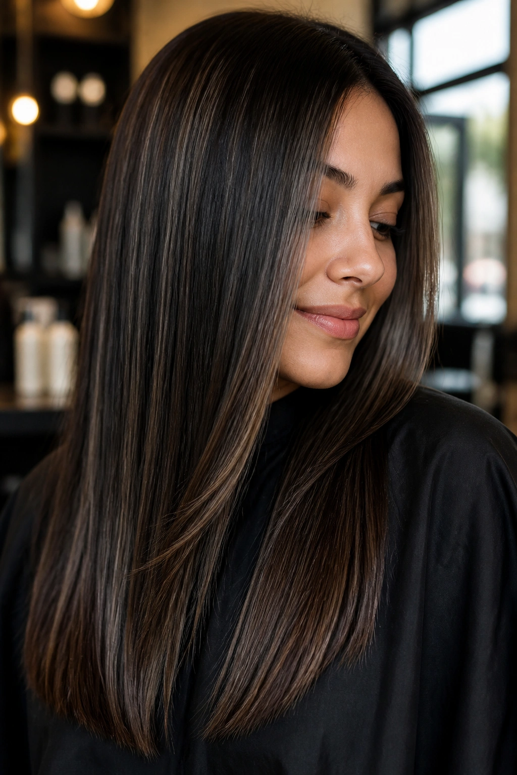 Close-up portrait of a real person with cool espresso hair and silver-brown dimension under warm salon lighting