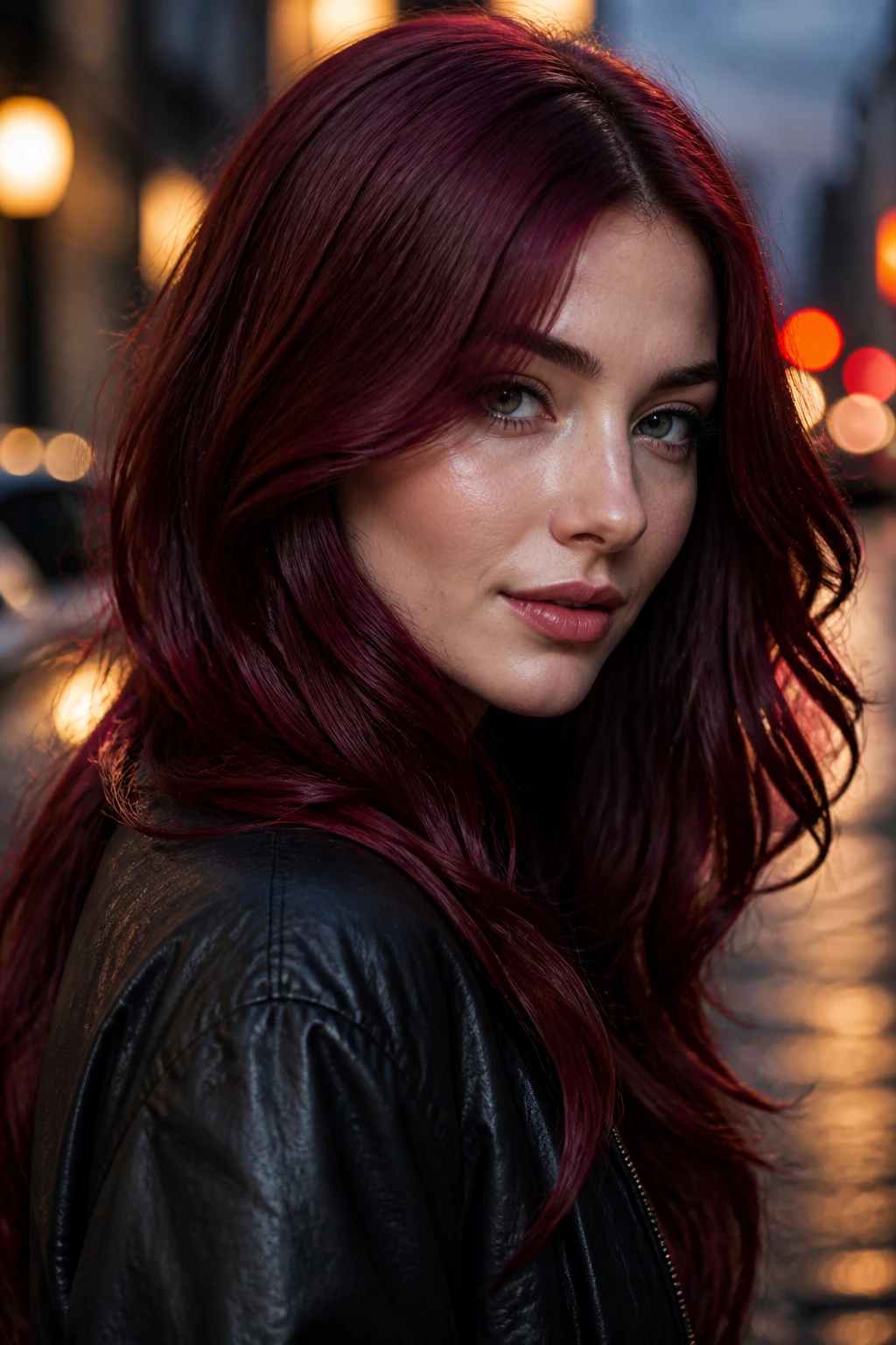Portrait of a real person with cool garnet hair in an urban dusk setting