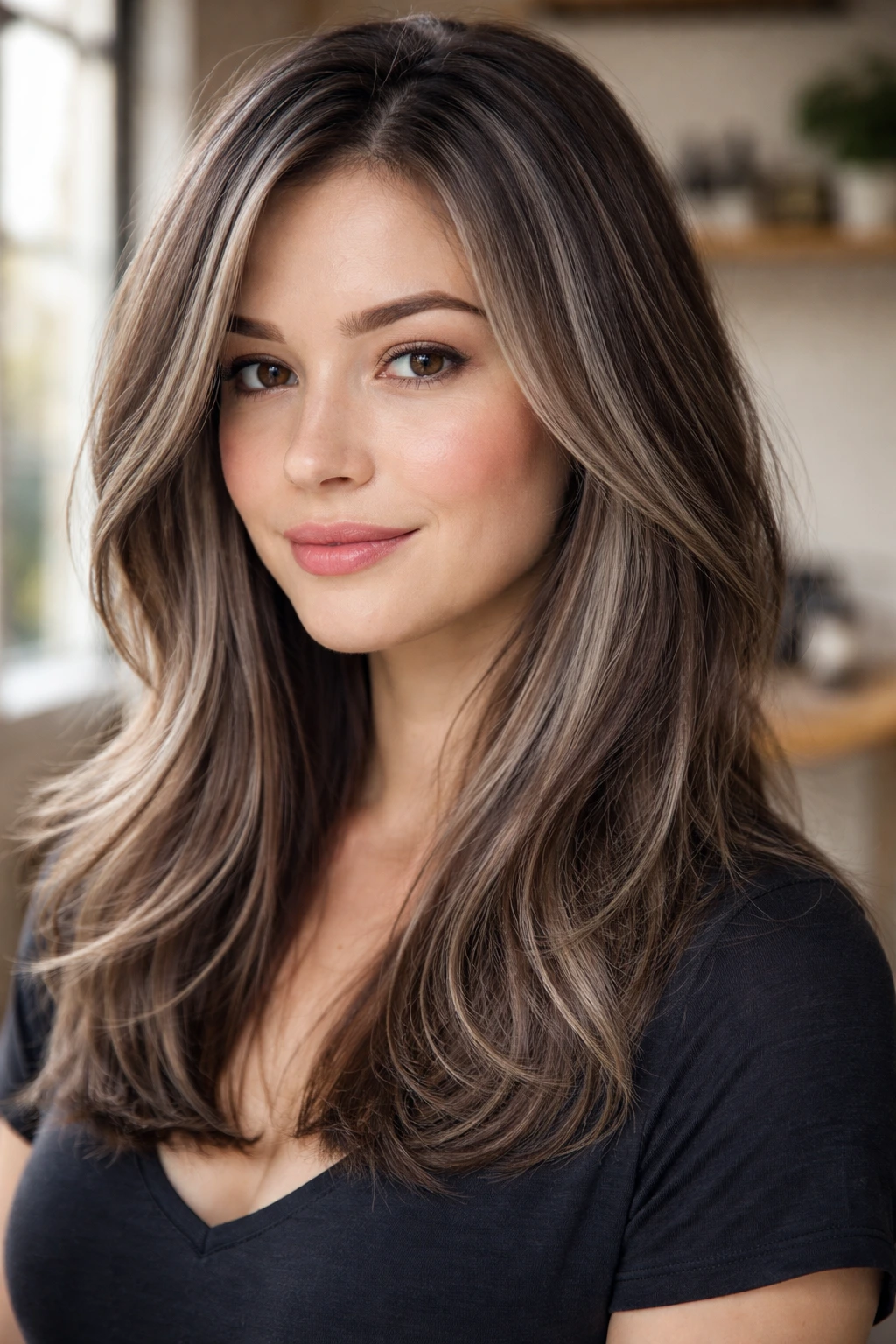 Close-up of a real woman with fine hair showing cool grey slice highlights around mid-lengths